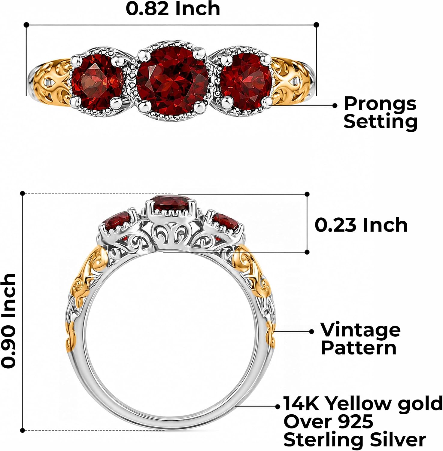 3 Stone Garnet Ring Silver with 14K Gold Plating January Birthstone Ring