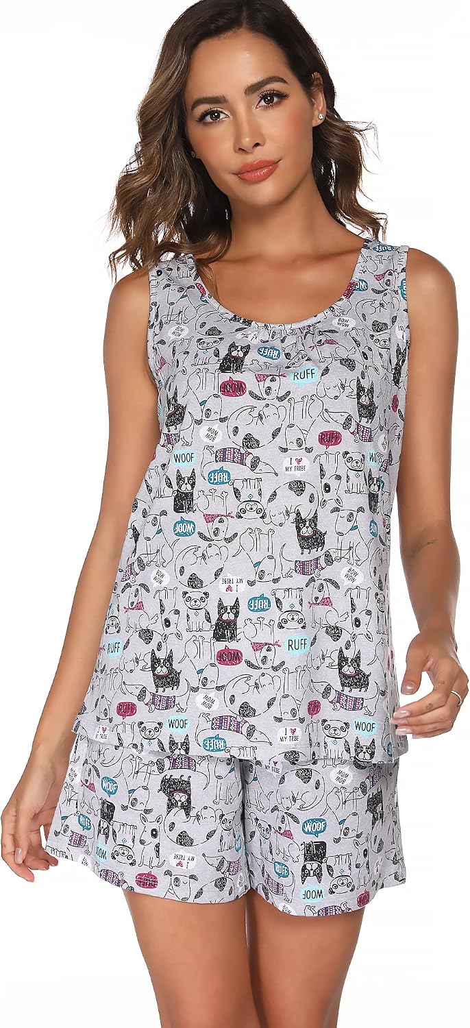 ENJOYNIGHT Womens Pajama Set Cotton Summer Sleep Tank and Shorts Pjs