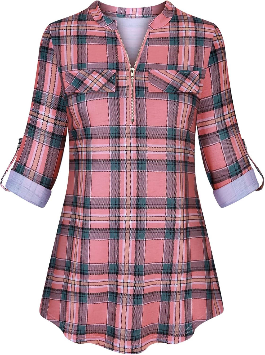 Tanst Sky Womens Casual Long Sleeve Zipped V Neck Plaid Tunic Blouses