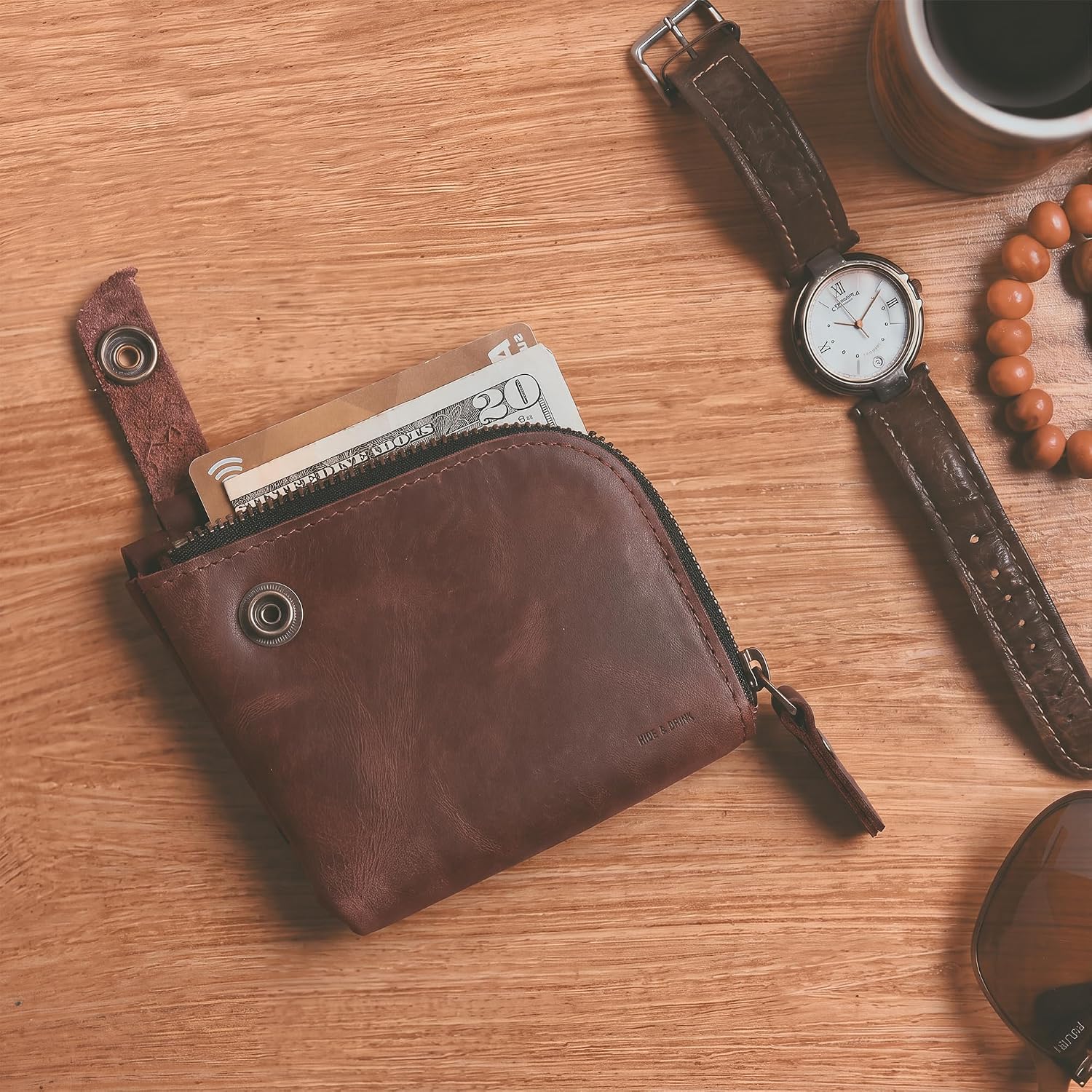 Hide & Drink, Leather Zippered Wallet, Holds Up to 6 Cards Plus Folded Bills, Pouch Organizer, Cash Holder, Travel Essentials, Mini, Pocket-Size, Handmade (Bourbon Brown)