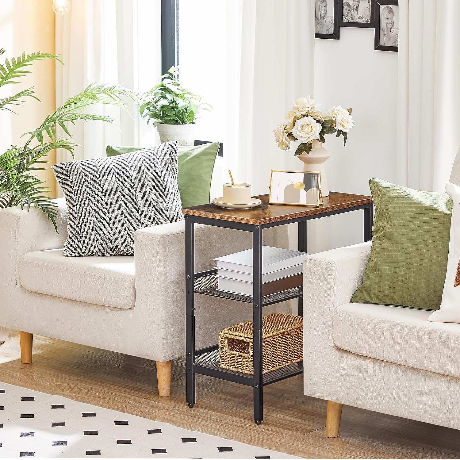 HOOBRO End Table, 3-Tier Narrow Side Table, Nightstand with 2 Flat or Slant Adjustable Shelves for Small Spaces, Hallway, Living Room, Bedroom, Sturdy