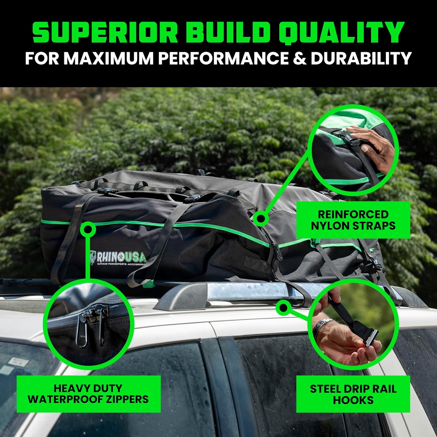 Rhino USA Rooftop Cargo Carrier Bag - 17.7 Cu Ft Waterproof Roof Storage | Waterproof rooftop bag, 17.7 cu ft. For car roof racks. Heavy duty zippers