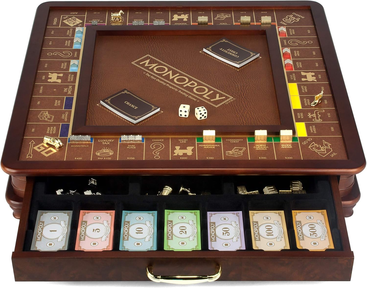 WS Game Company Monopoly Luxury Edition Wooden Board Game Set, 2-6 Players | Luxurious Wood Cabinet, Gold Foil Stamped Game Board