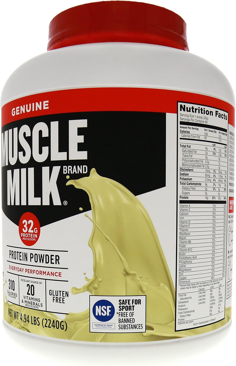 Muscle Milk Genuine Protein Powder, Chocolate, 4.94 Pound, 32 Servings, 32g Protein, 2g Sugar, Calcium, Vitamins A, C & D, NSF Certified for Sport, Energizing Snack, Packaging May Vary