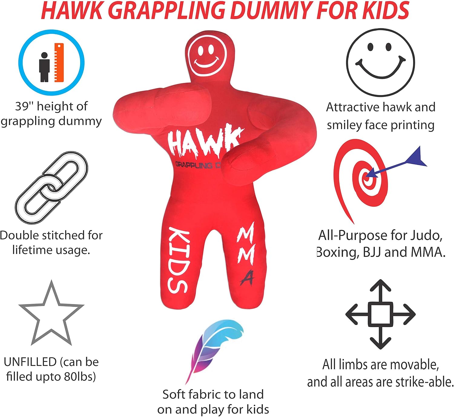 Hawk Sports HWK Kids Grappling Dummy & Baby Wrestling Dummy for Kids Lightweight Life-Size Training Model with Moveable Limbs for MMA, Jiu Jitsu, Judo