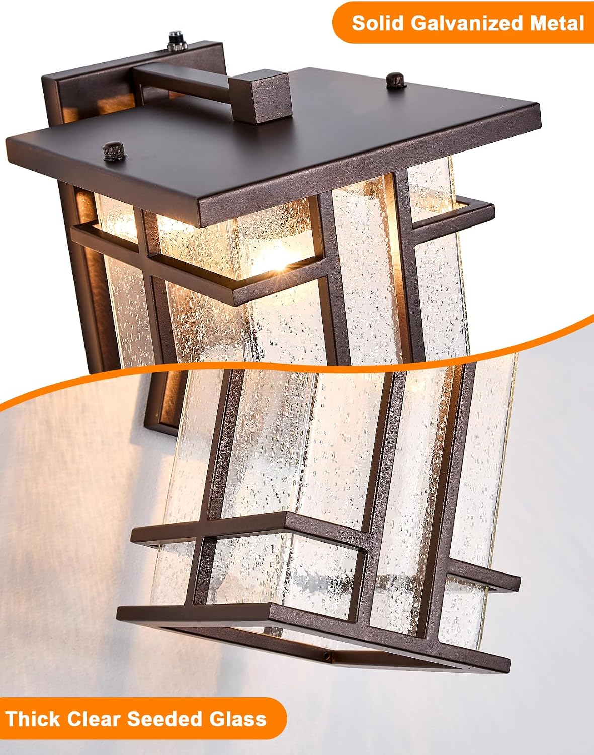 Rustic Dusk to Dawn Outdoor Wall Light Fixture 13.8"H Waterproof Exterior Wall Sconces Black Metal with Seeded Glass Sensor Outdoor Wall Lantern for