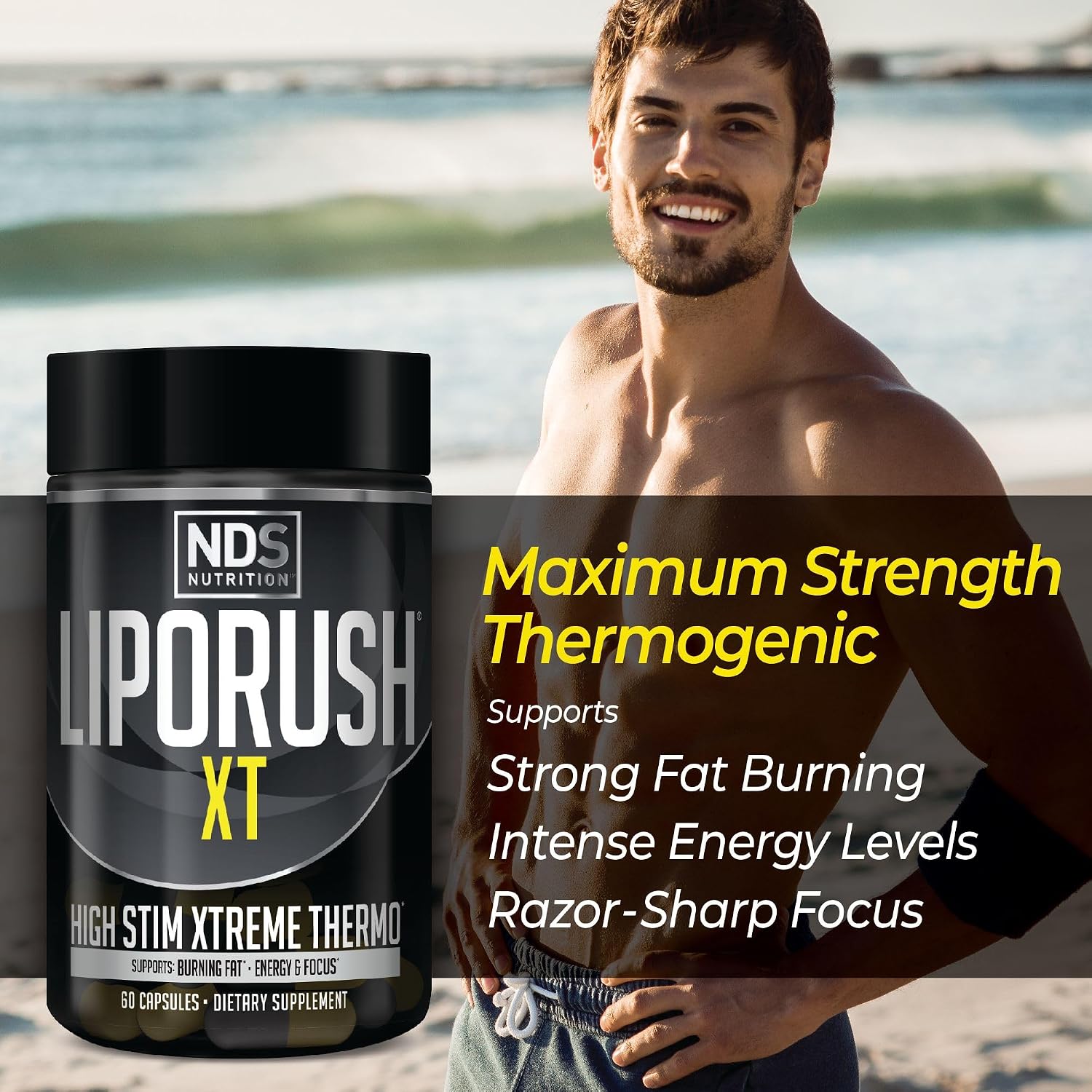 NDS Nutrition LIPORUSH XT Super Concentrated Thermogenic - 60 Capsules | Super Concentrated Thermogenic, L-Carnitine, Teacrine, Maximum Energy