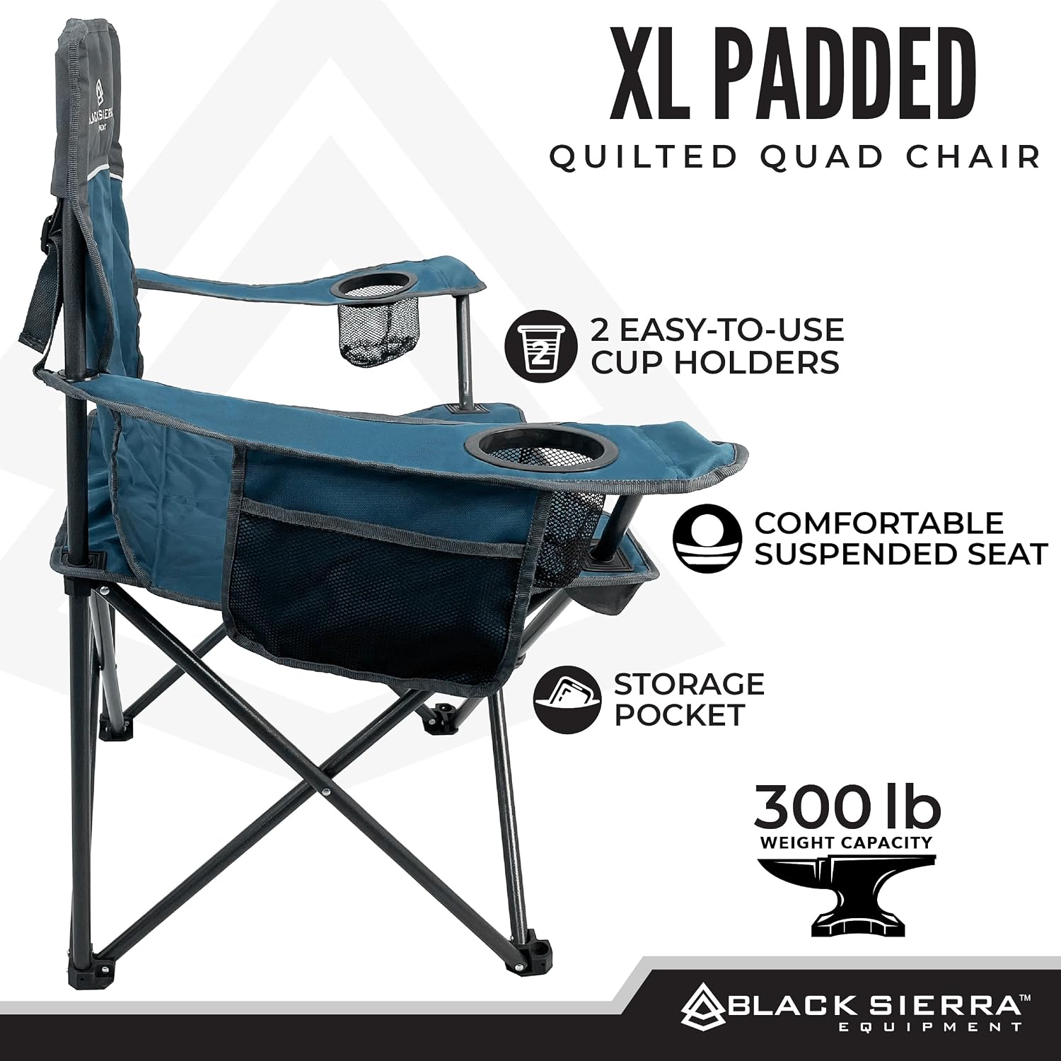 Black Sierra Quilted Padded Camping Chair, Oversized Heavy Duty Outdoor Lounge Seat Supports 300 lbs, Portable, Folding with Cup Holder for Beach, Tailgating, Sports, Patio