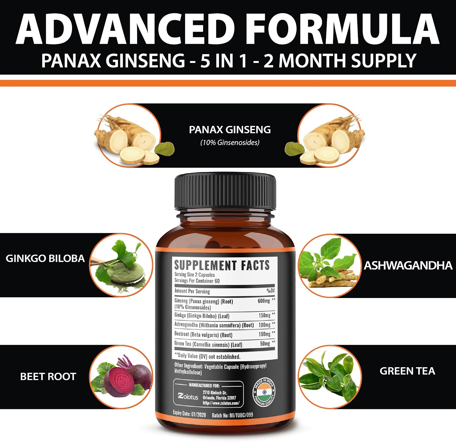 Zolotus Korean Red Panax Ginseng + Ginkgo Biloba, Ashwagandha, Beetroot, Green Tea - 120 Capsules for 2 Month Supply