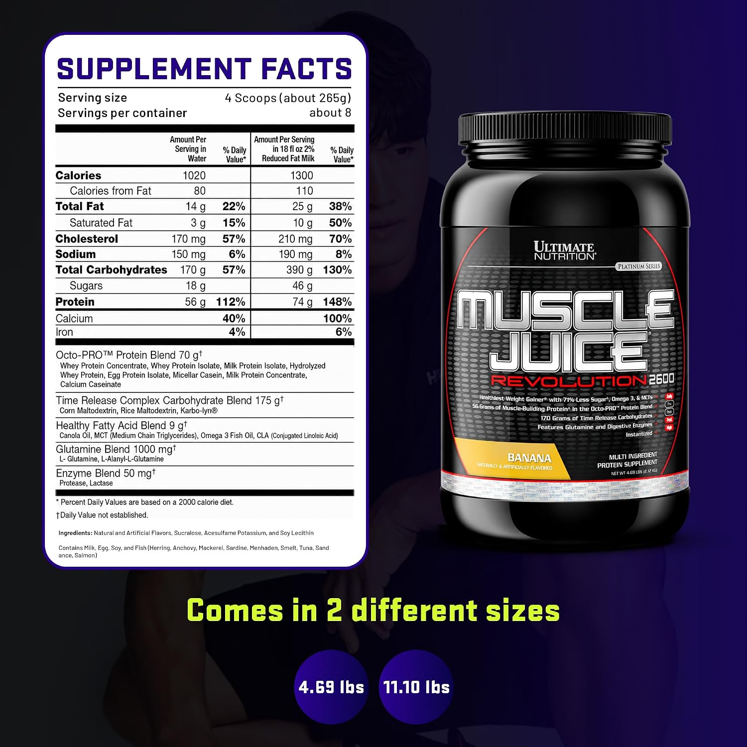 Ultimate Nutrition Muscle Juice Revolution 2600 Weight Gainer, Muscle Recovery with Glutamine, Micellar Casein and Time Release Complex Carbohydrates, Banana Protein Powder, 4.69 Pounds | 70g Octo-PRO™ Protein Blend, 175g Time-Release Carbs, 1000mg Gluta…