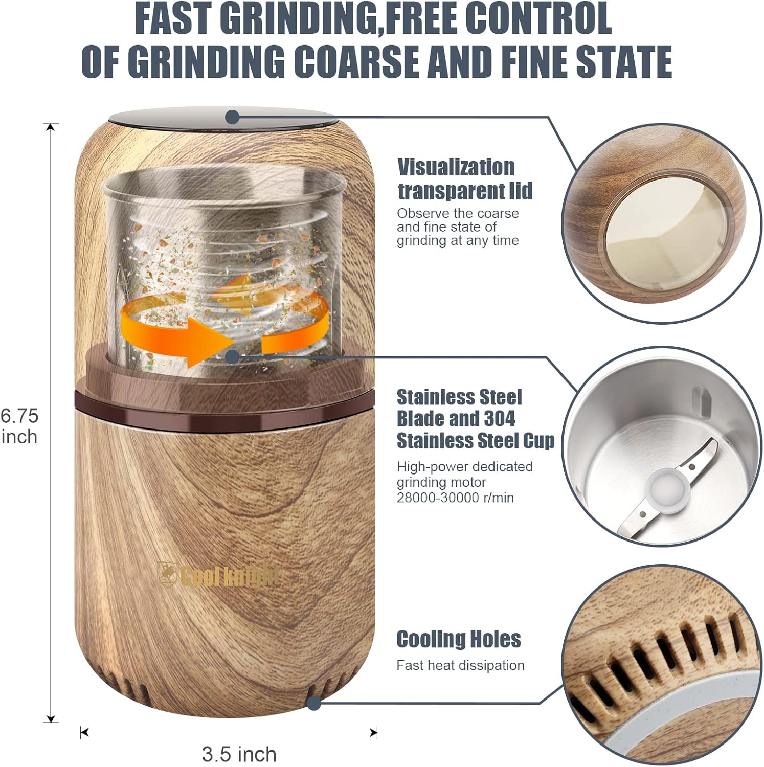 COOL KNIGHT Herb Grinder [large capacity/fast/Electric ]-Spice Herb Coffee Grinder with Pollen Catcher/- 7.5" (Black)
