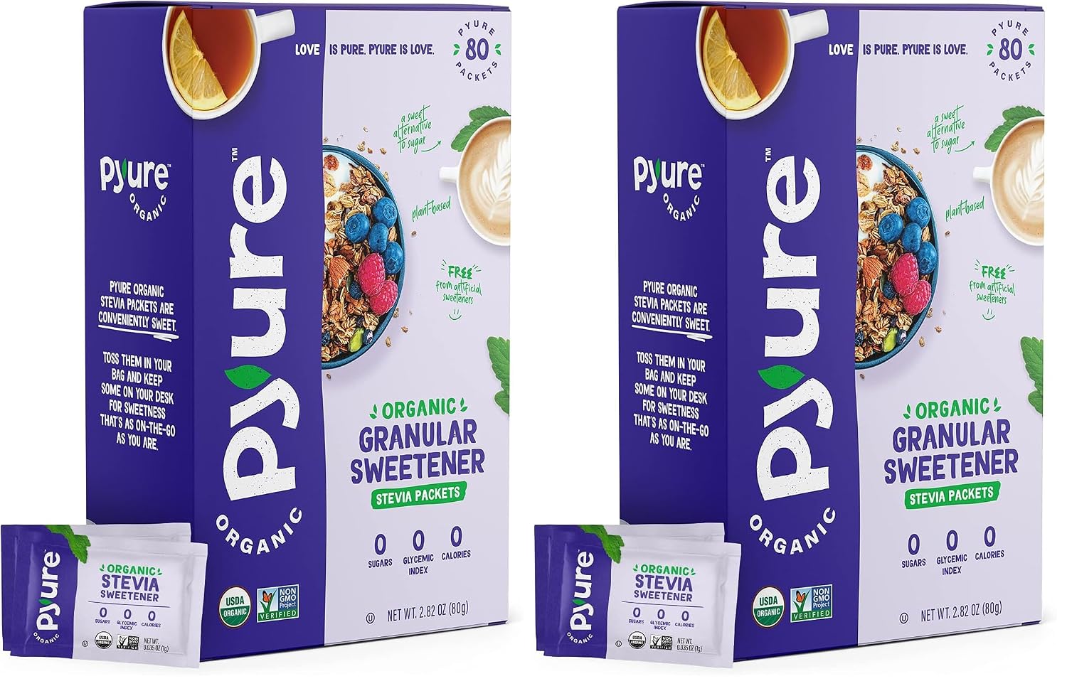 Pyure Organic Stevia Packets | Zero Calorie Sweetener For Coffee, 40 Count | Zero calorie organic stevia packets for coffee, tea, baking, keto, paleo, diabetic diets, lunchboxes, travel, and office