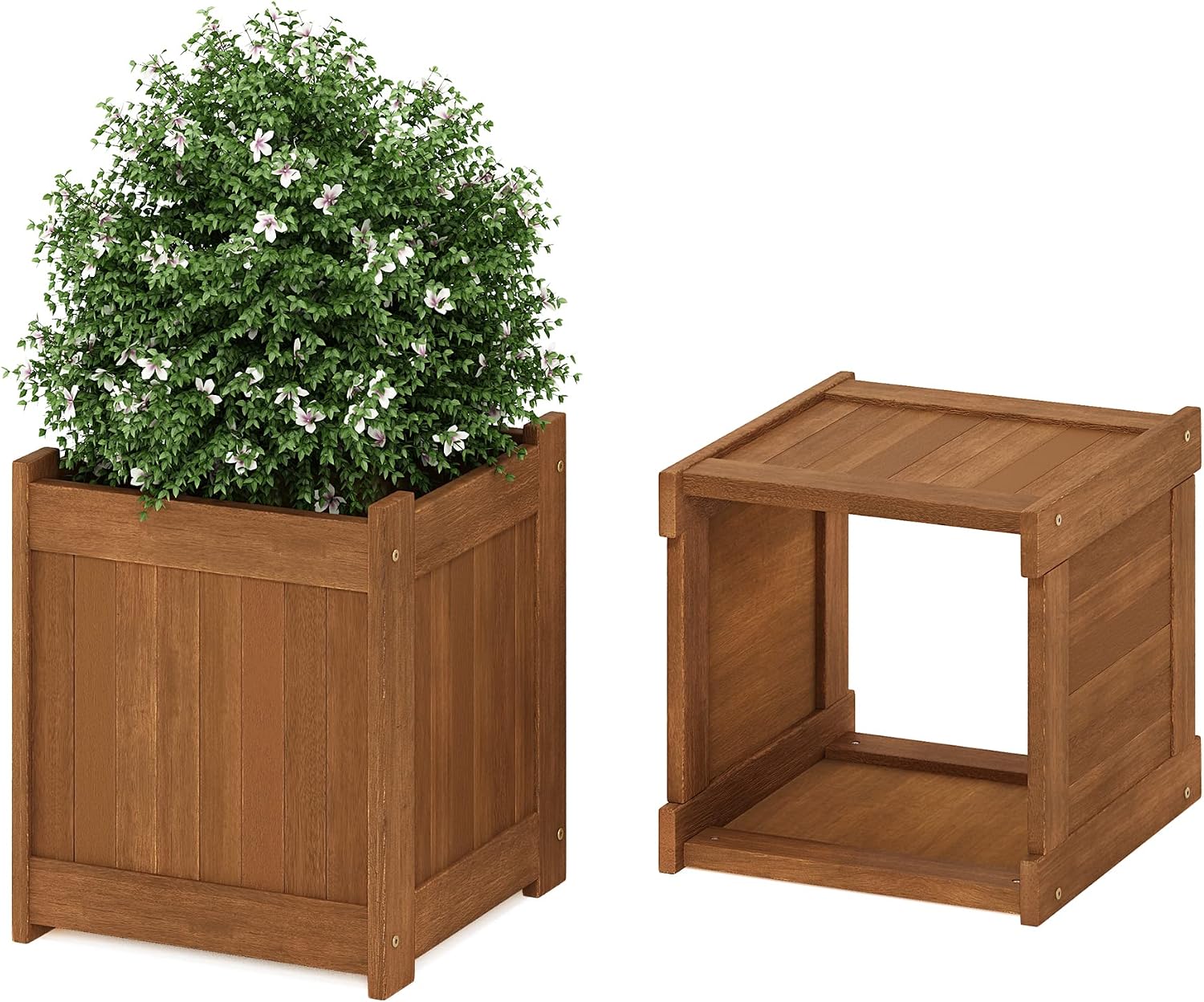 Furinno 2-FG16450 Tioman Hardwood Flower Box, Two-Pack, Natural | 15.4 x 15.4 x 17.7, Flower Box, Garden Box, in Teak Oil, Outdoor Indoor, Garden, Patio, Balcony