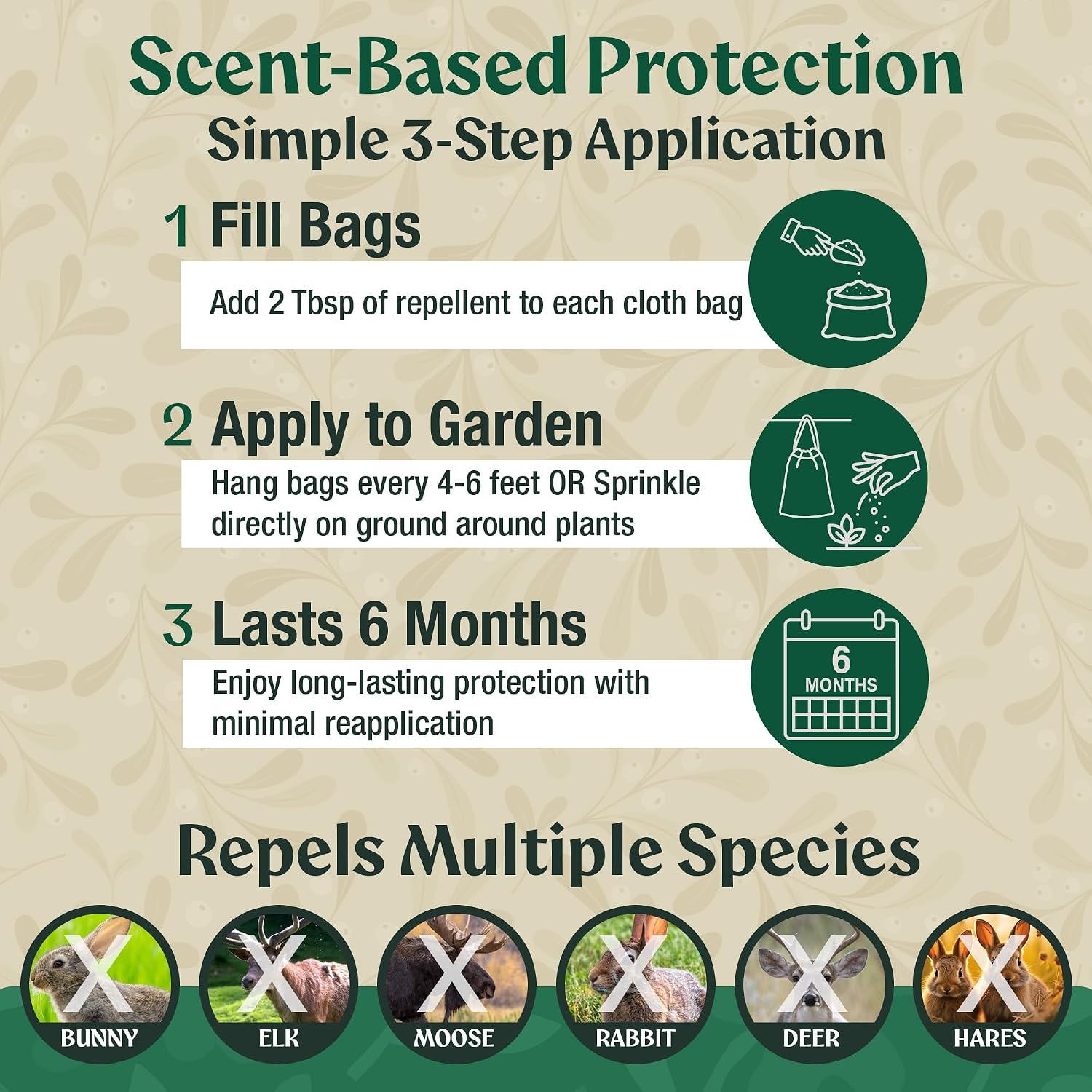 Deer & Rabbit Repellent – All Natural Scent-Based Animal Protection – Safe for Pets & Plants – Long-Lasting Up to 6 Months – Repels Elk, Moose & Rodents – 2 lbs with 10 Refillable Bags
