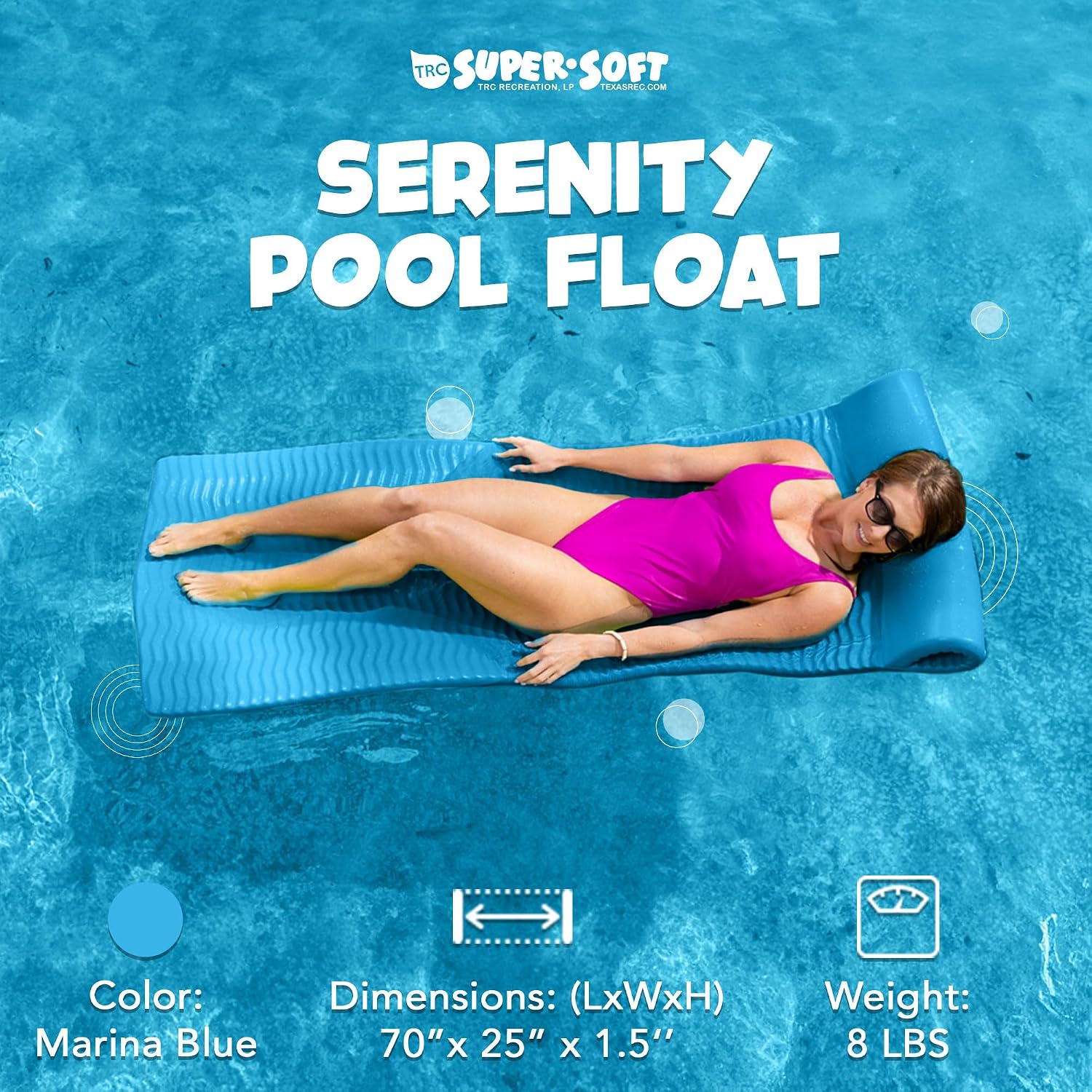 TRC Recreation Serenity 1.5” Thick Vinyl Coated Foam Swimming Pool Float Mat Adult Lounger with Built-in Roll Pillow