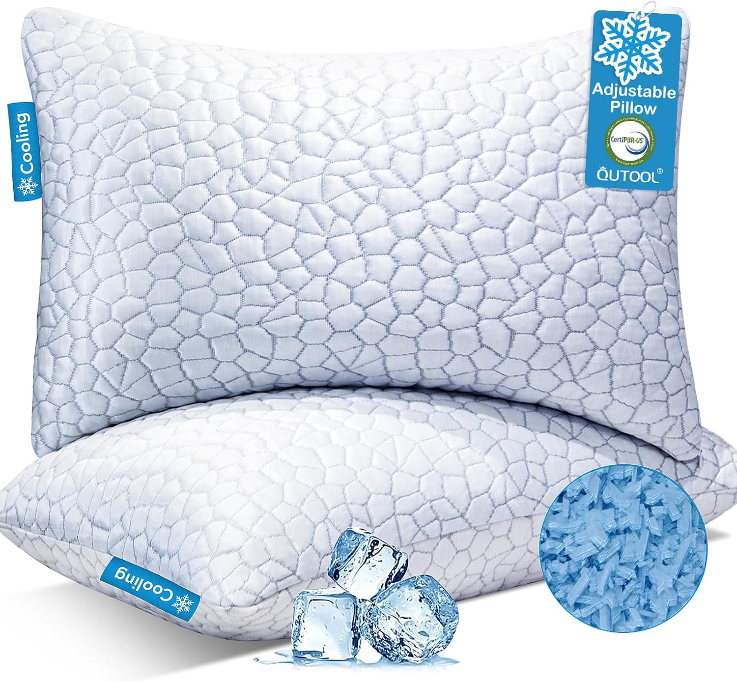 QUTOOL Cooling Pillow for Sleeping, CertiPUR-US Shredded Memory Foam Queen Pillows Set of 2, Cool Pillow for Hot Sleepers Adjustable Firm Pillow for Side, Back, Stomach Sleepers Soft Yet Support,White
