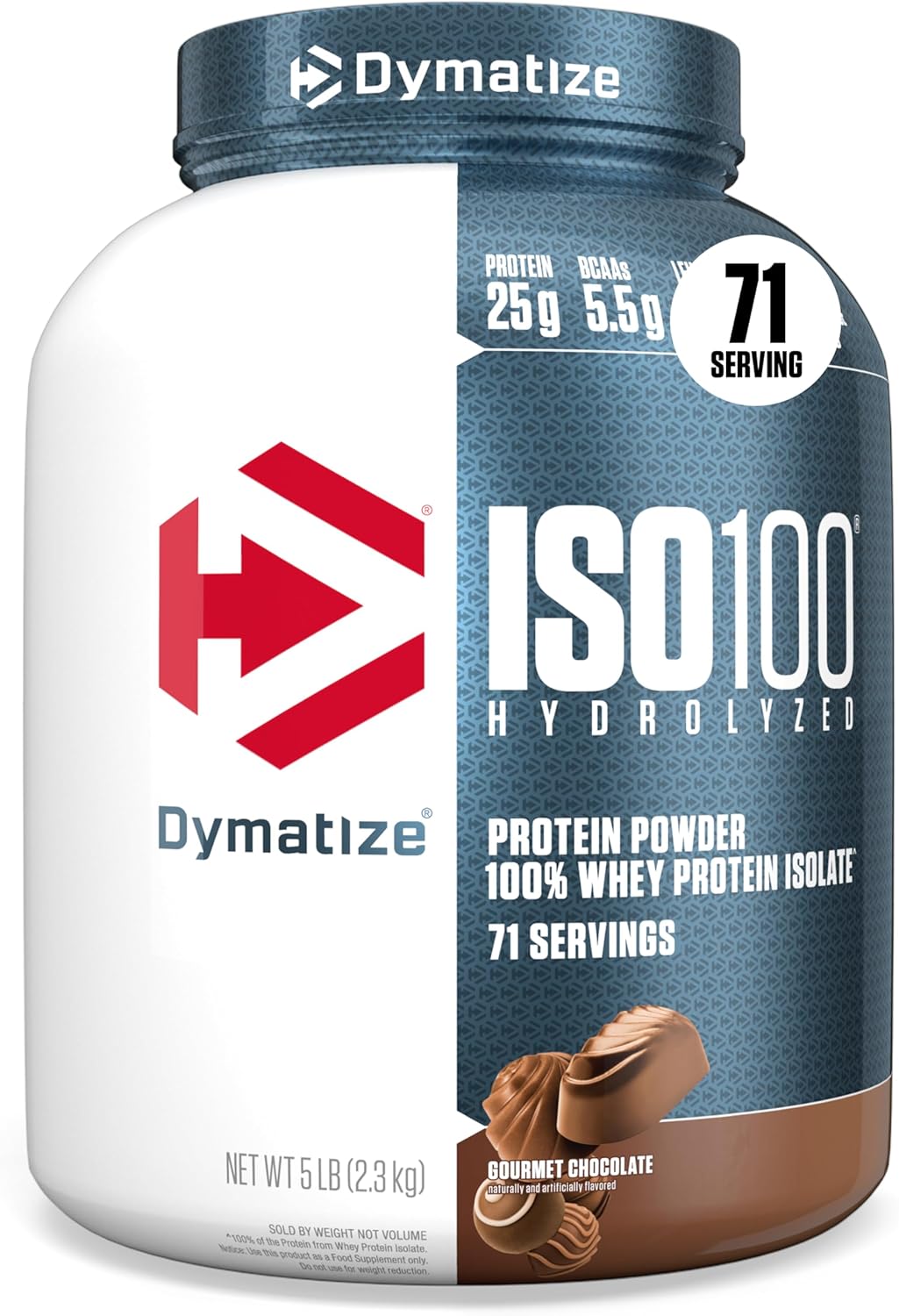Dymatize ISO100 Protein Powder, 100% Whey Isolate, Gourmet Chocolate | 25g Protein, Hydrolyzed, Fast-Absorbing, Supports Muscle Health, 5.5g BCAAs, Gluten-Free, 76 Servings, 5 lb