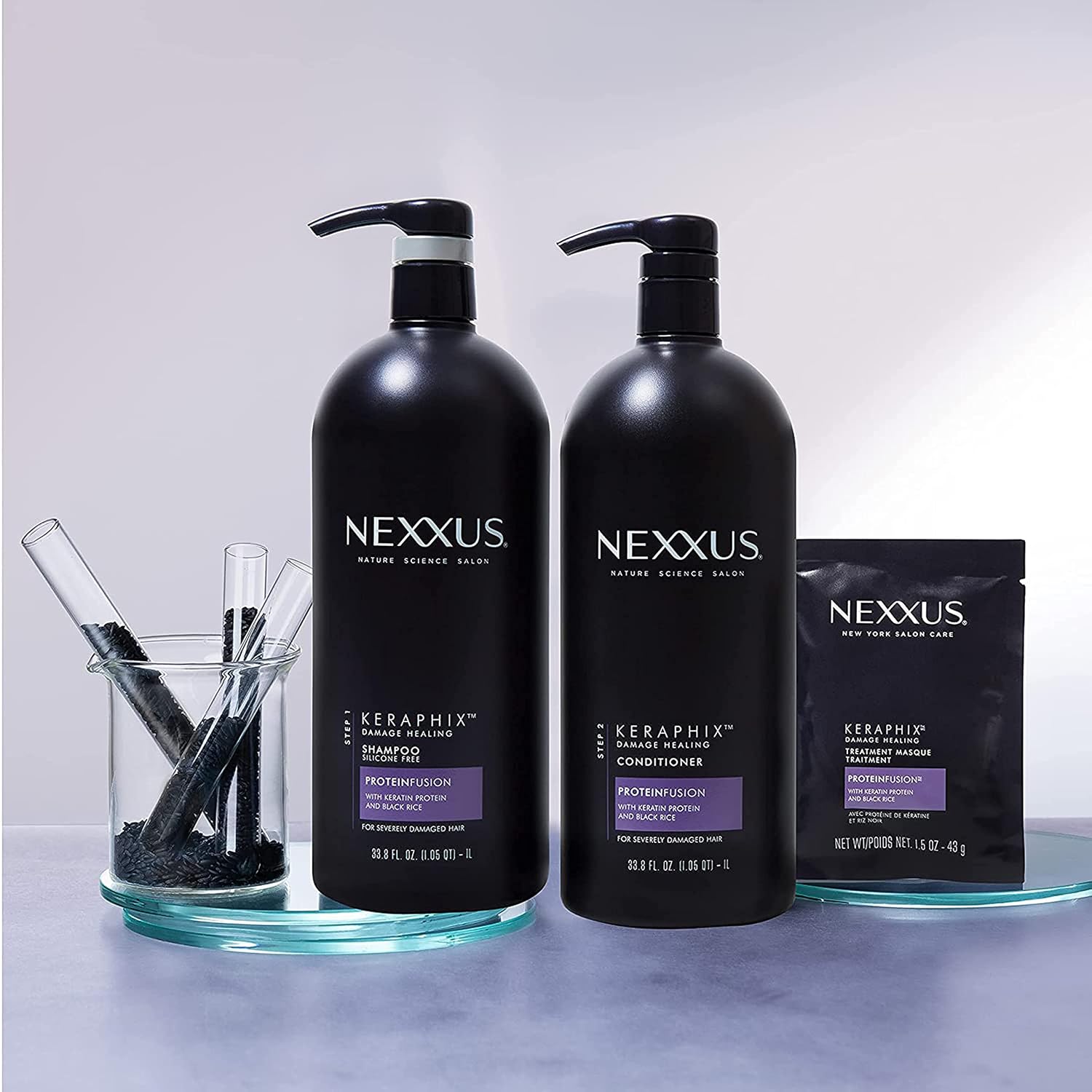 Nexxus Keraphix Shampoo and Conditioner - Damaged Hair Treatment System with Keratin Protein and Black Rice, 2 Count & 3 Repair Masks Treatment