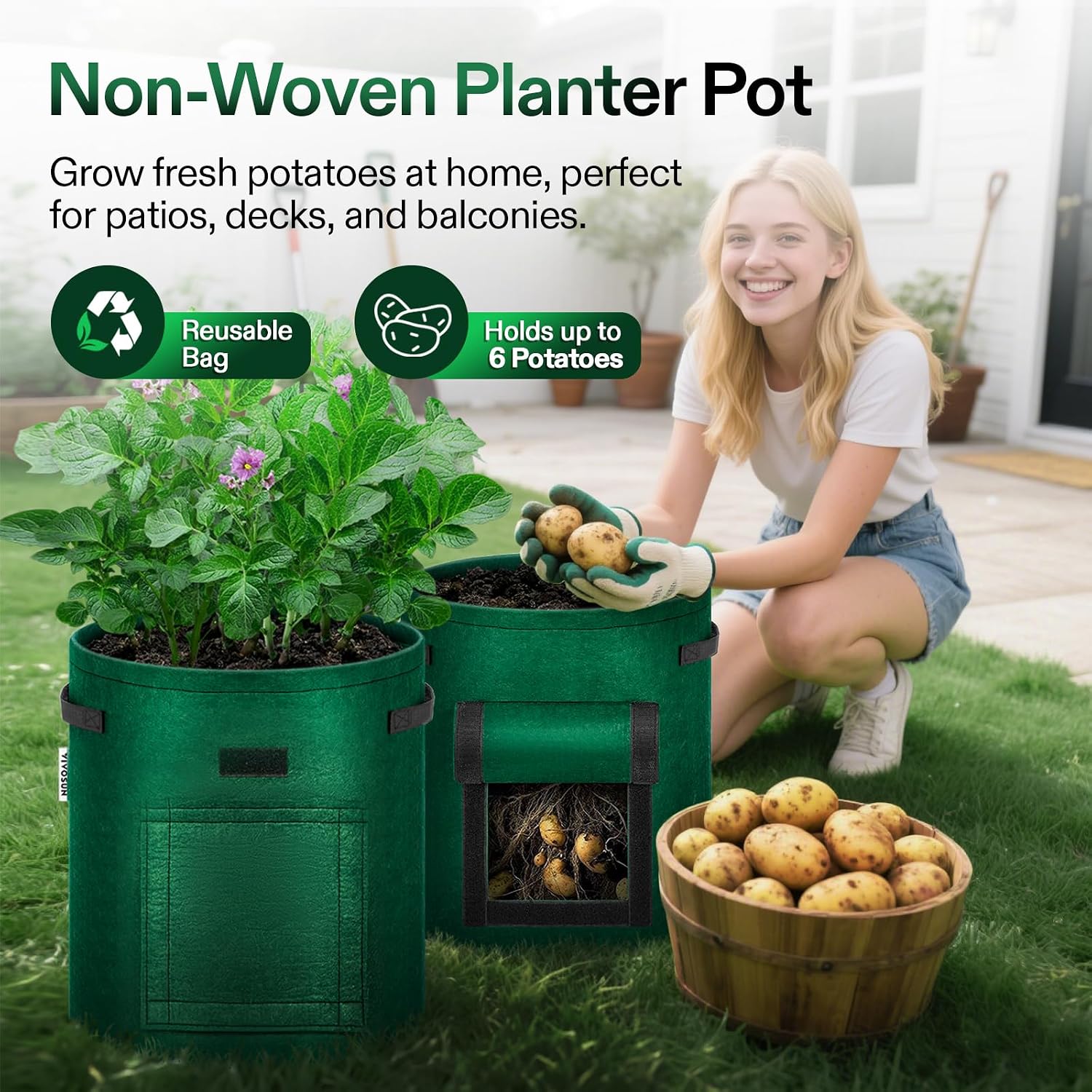 VIVOSUN 5-Pack 7 Gallon Potato Grow Bags, Roll-up Harvest Window