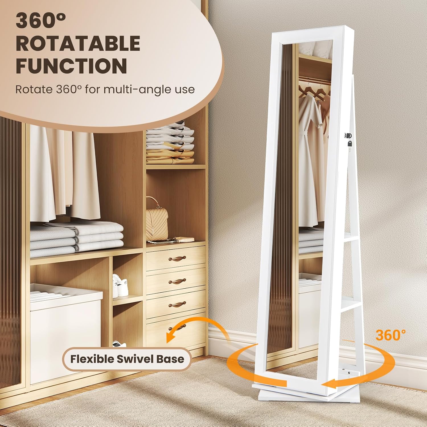 CHARMAID 360° Swivel Jewelry Armoire with Higher Full Length Mirror, Standing Lockable Jewelry Cabinet Organizer with Large Storage Capacity