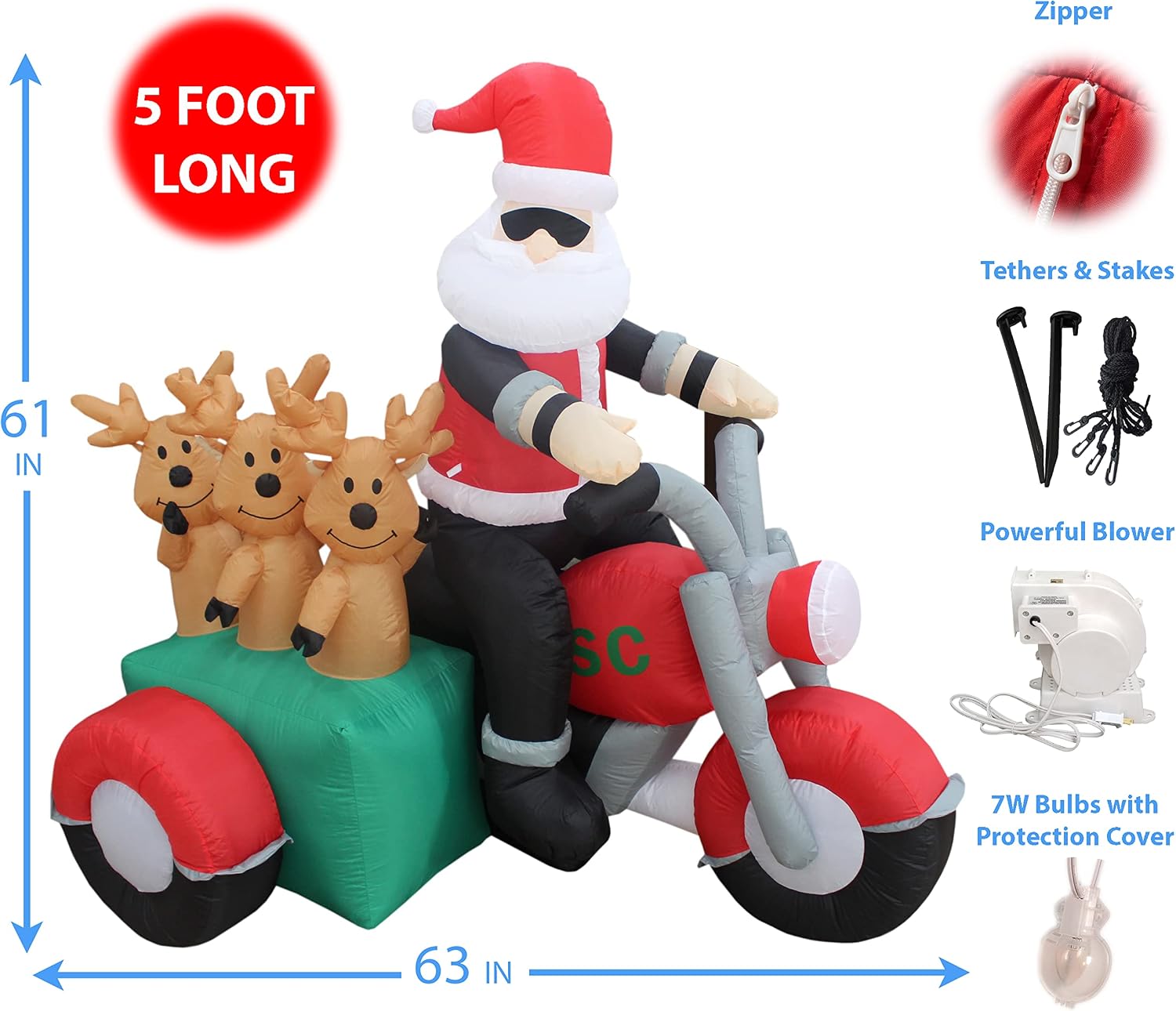 6 Foot Long Inflatable Santa Claus and 3 Reindeers in a Motorcycle | Outdoor Yard Blow-Up Holiday Decoration, Built-in Lights, Self-Inflating