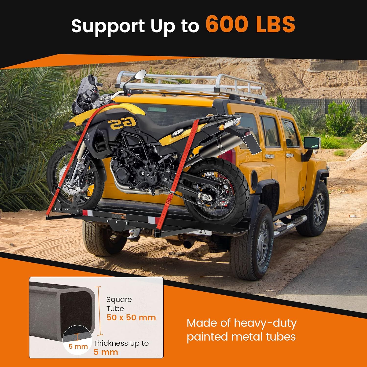 Goplus Motorcycle Hitch Carrier, 600LBS Motorcycle Carrier Hitch Mount with 2 Straps, Loading Ramp, Dirt Bike Trailer, Heavy Duty Motor Cycle Rack