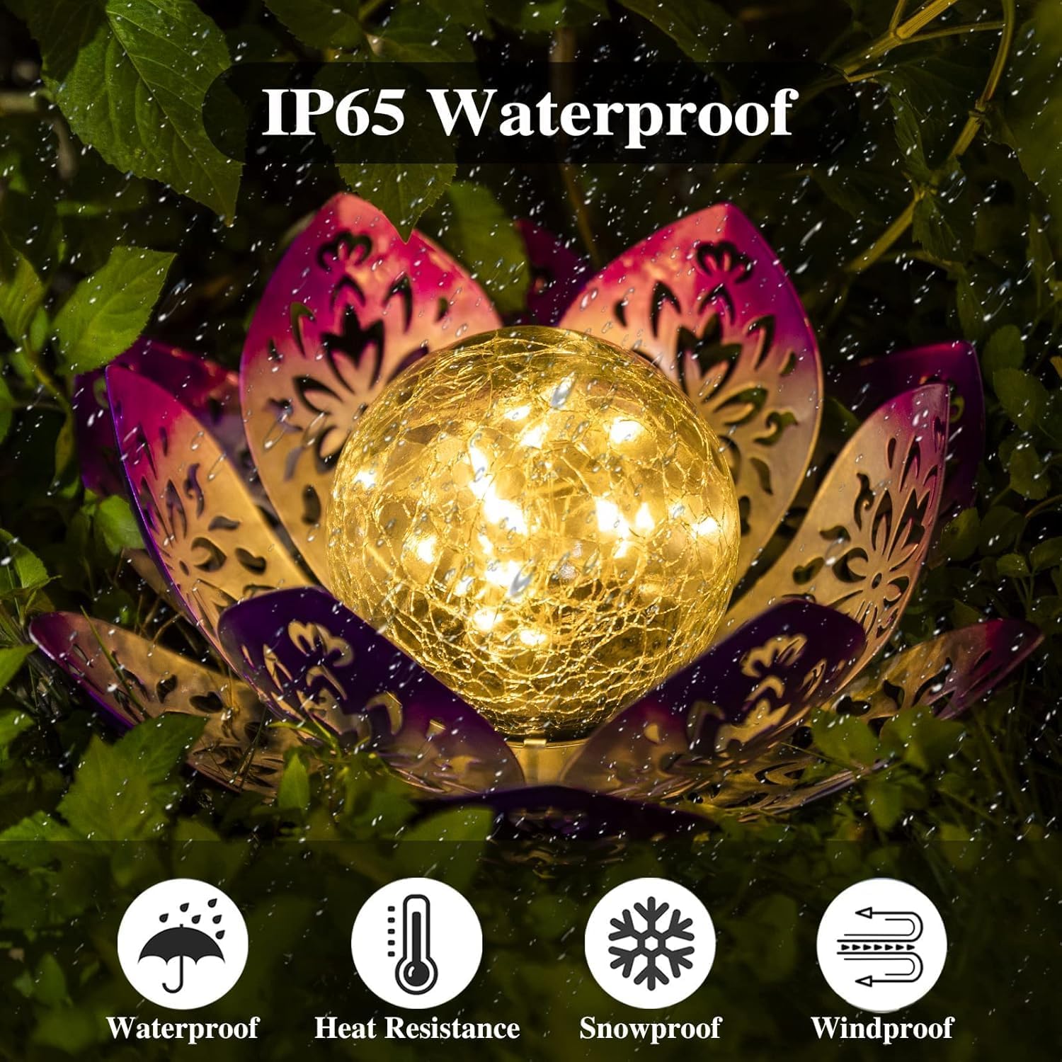 Huaxu Solar Lights Outdoor Garden, Crackle Globe Glass Lotus Decor, Waterproof LED Metal Flower Decorations for Patio,Lawn,Walkway,Tabletop,Ground