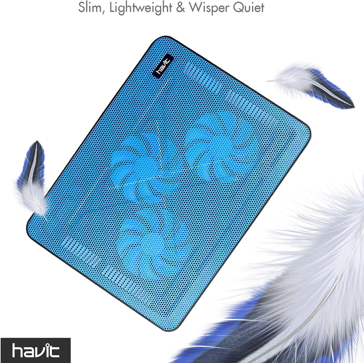 havit HV-F2056 15.6"-17" Laptop Cooler Cooling Pad - Slim Portable USB Powered (3 Fans), Black/Blue | Three quiet USB-powered fans circulate air below the laptop, two height settings improve viewing and typing comfort