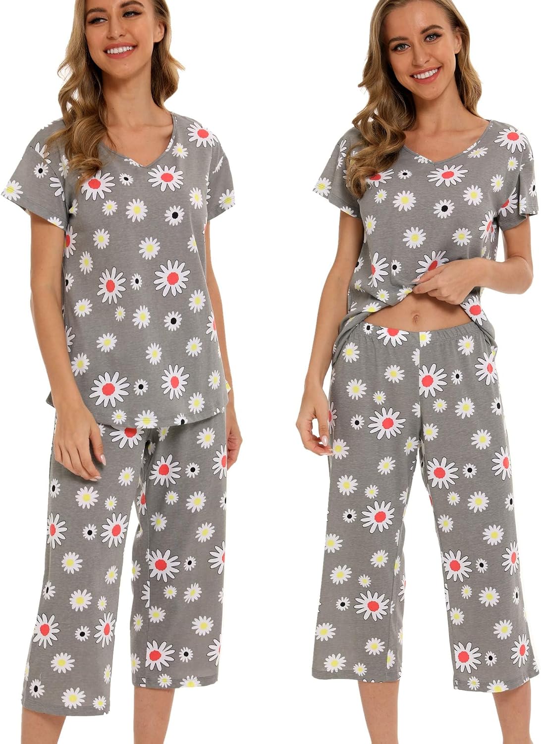 ENJOYNIGHT Womens Pajama Set Cotton Summer Pj Top with Capri Pant Sleepwear