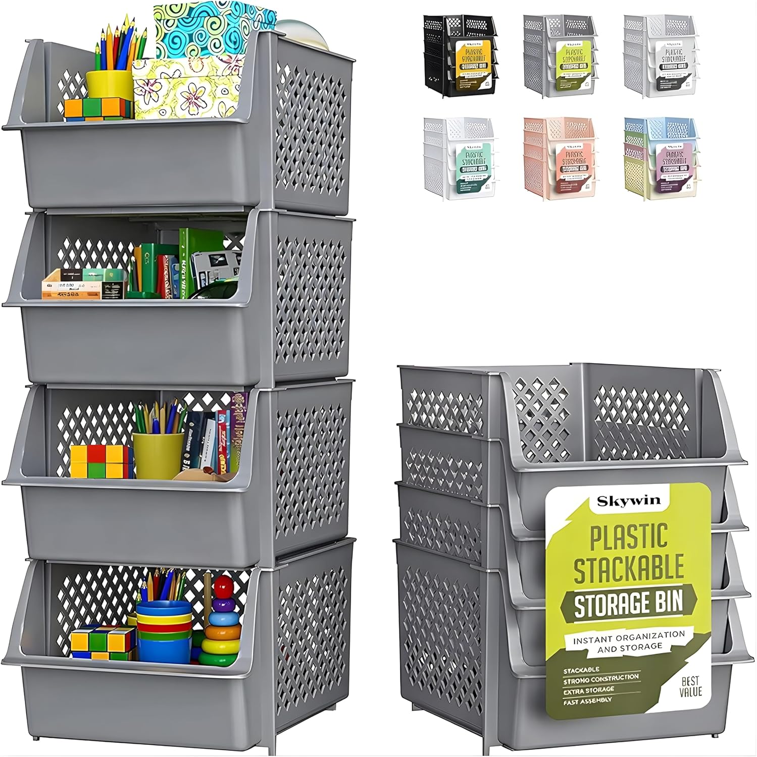 Skywin Stackable Storage Bins Open Front for Pantry Storage, 4 Pack - Black