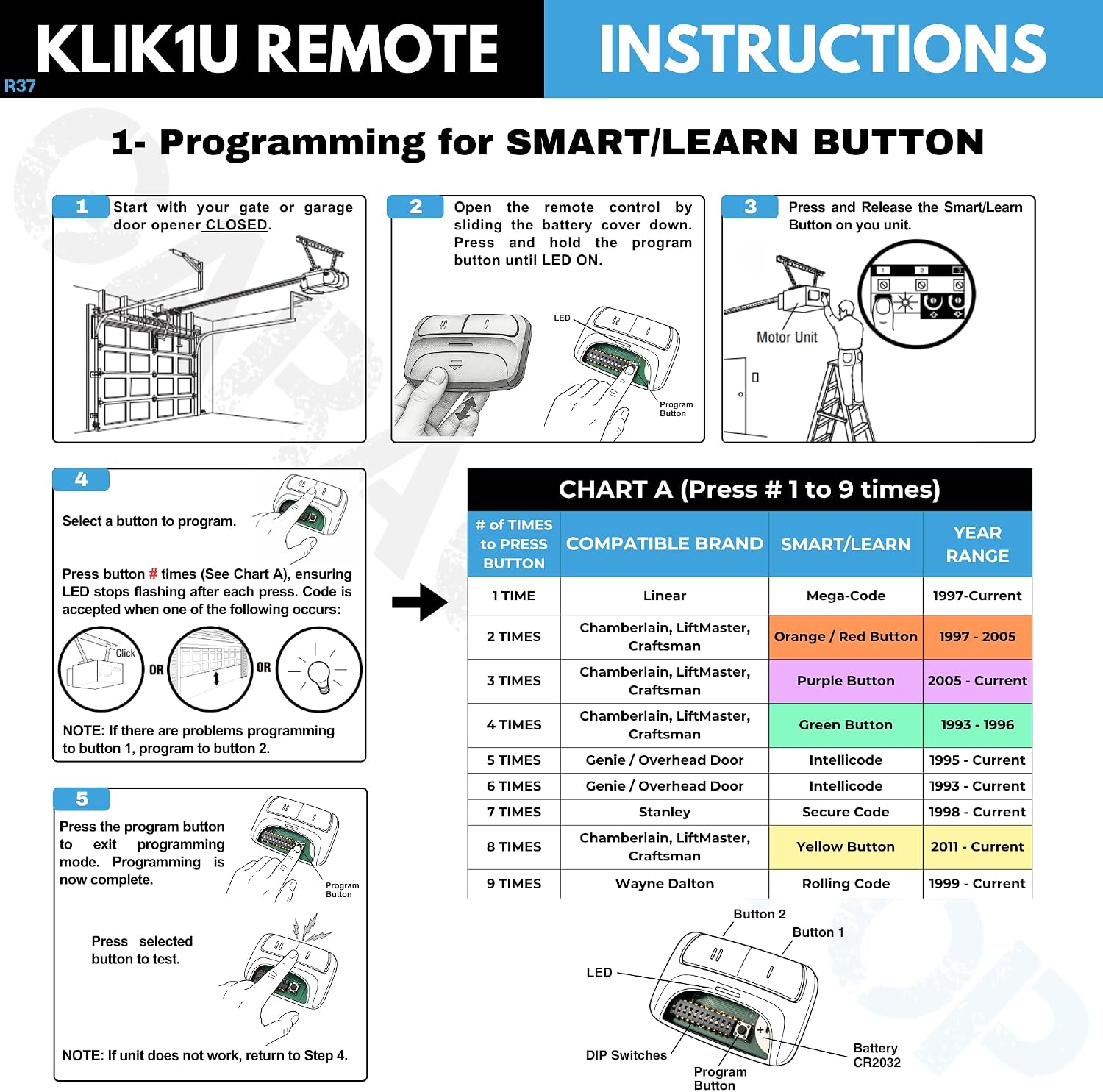 2X Universal Garage Door Opener Remote KLIK1U 375UT 375LM Garage Clicker