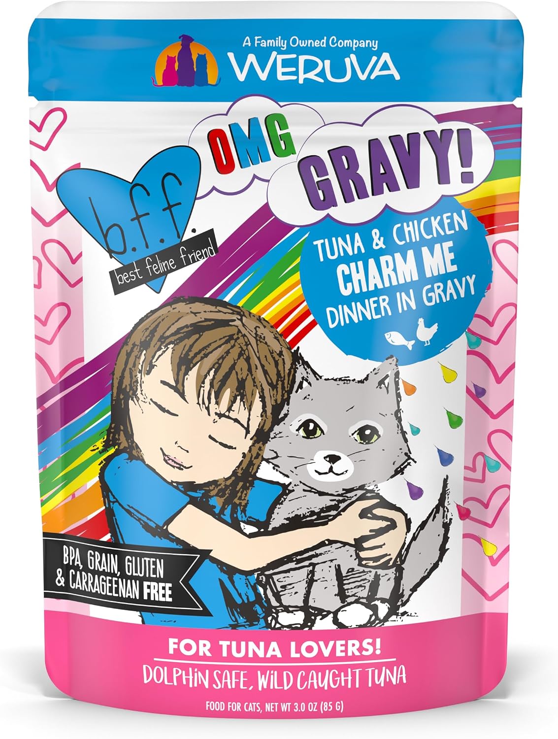 Weruva B.F.F. OMG - Best Feline Friend Oh My Gravy!, Tuna & Salmon Sweet Cheeks with Tuna & Salmon in Gravy Cat Food, 3oz Pouch (Pack of 12)