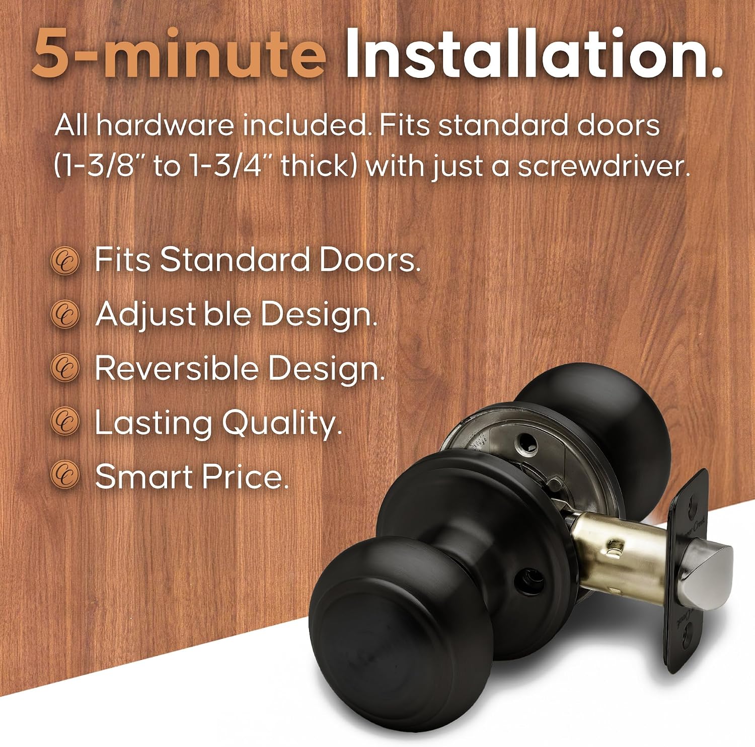 Copper Creek Colonial Privacy Interior Door Knob – ANSI Grade-3 Certified, Modern Heavy Duty Handle, Easy Install and Reversible for Bedroom, Bathroom and Closets – Satin Stainless (1 Pack)