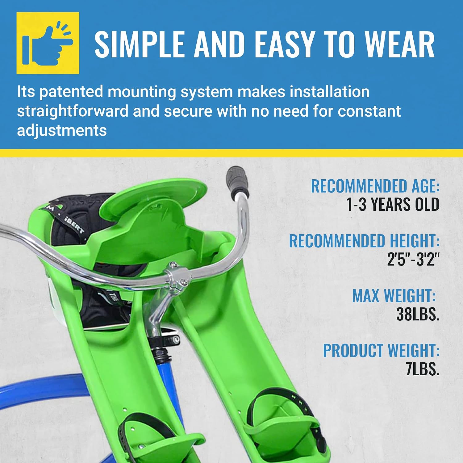 Front Mounted Child Seat with Patented Mounting for Easy and Secure Installation - Child’s Bike Seat with 3-Point Safety Harness and Adjustable
