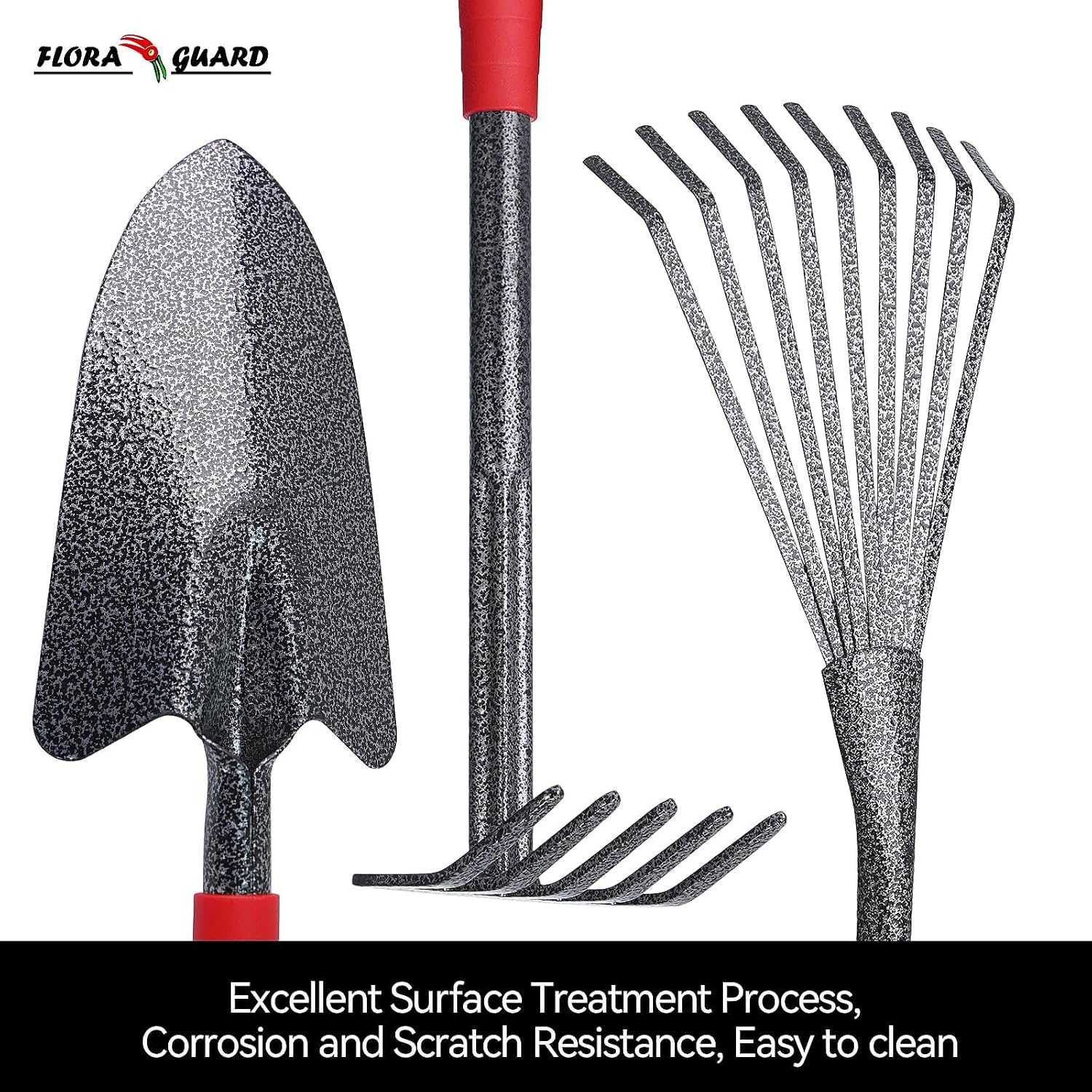 FLORA GUARD 6-Piece Garden Tool Set | Heavy Duty Gardening Hand Tools with High Carbon Steel Including Trowel, Rakes, 2-in-1 Hoe and Crack Weeder