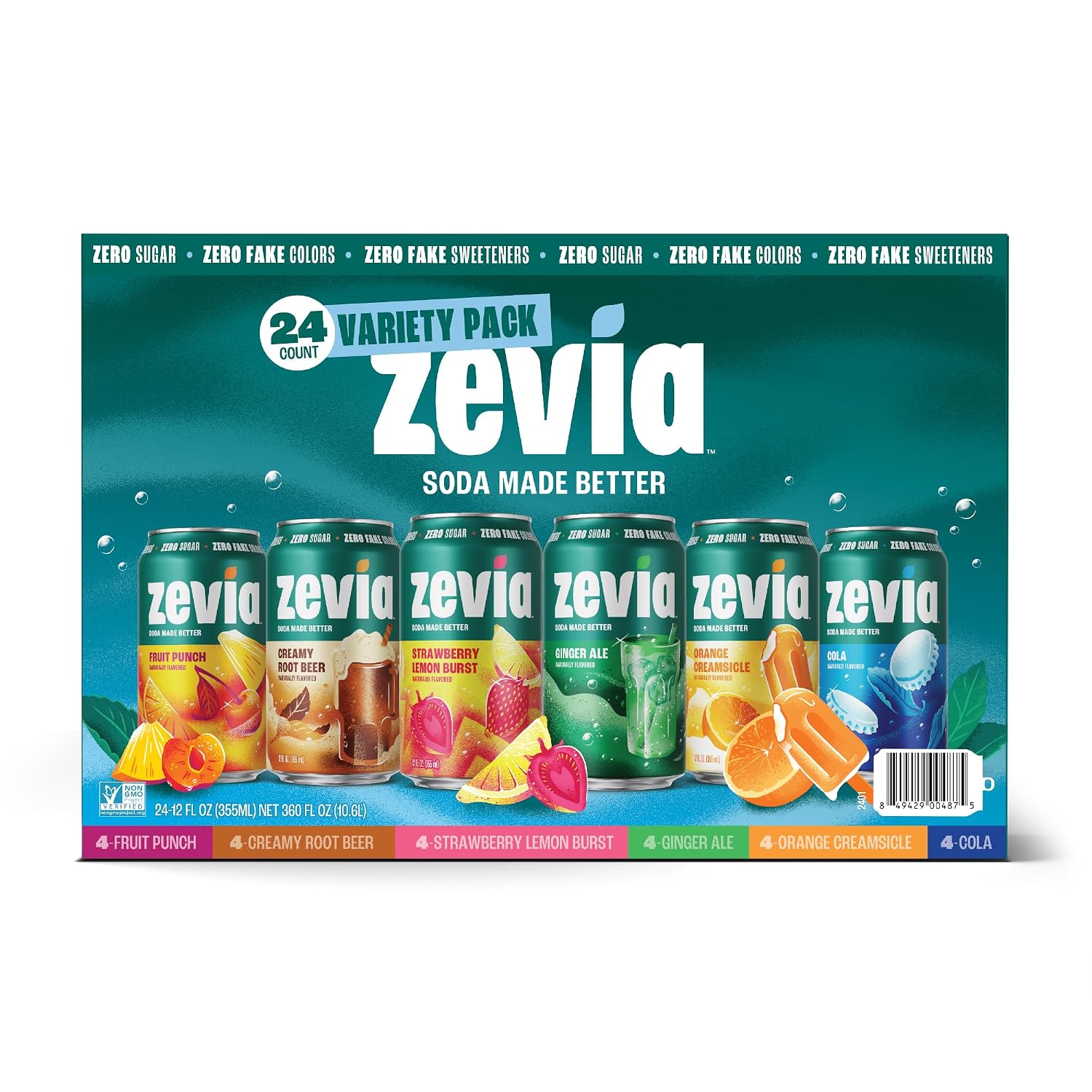 Zevia Zero Sugar Soda, Orange Creamsicle, 12 oz Cans (24-Pack) – Caffeine Free, Naturally Sweetened, No Calorie Soda - Non-GMO Project Verified, Gluten-Free, Vegan