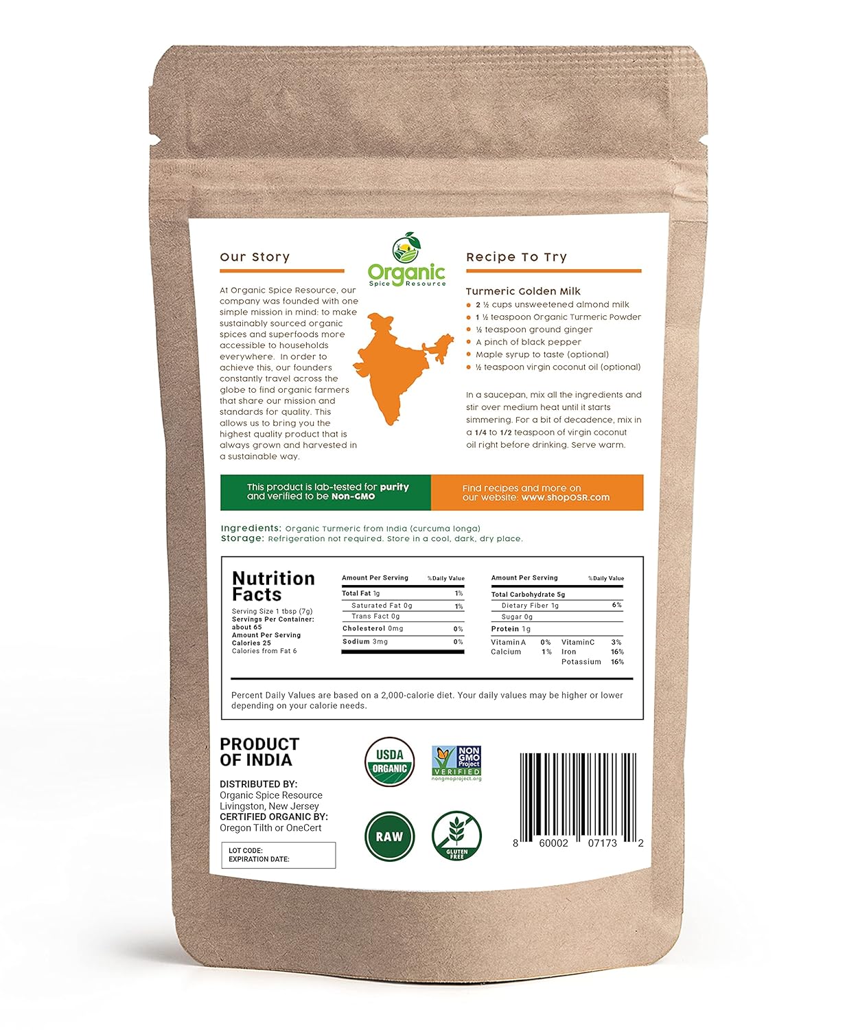Organic Spice Resource Turmeric Root Powder, 8 oz (226 g)