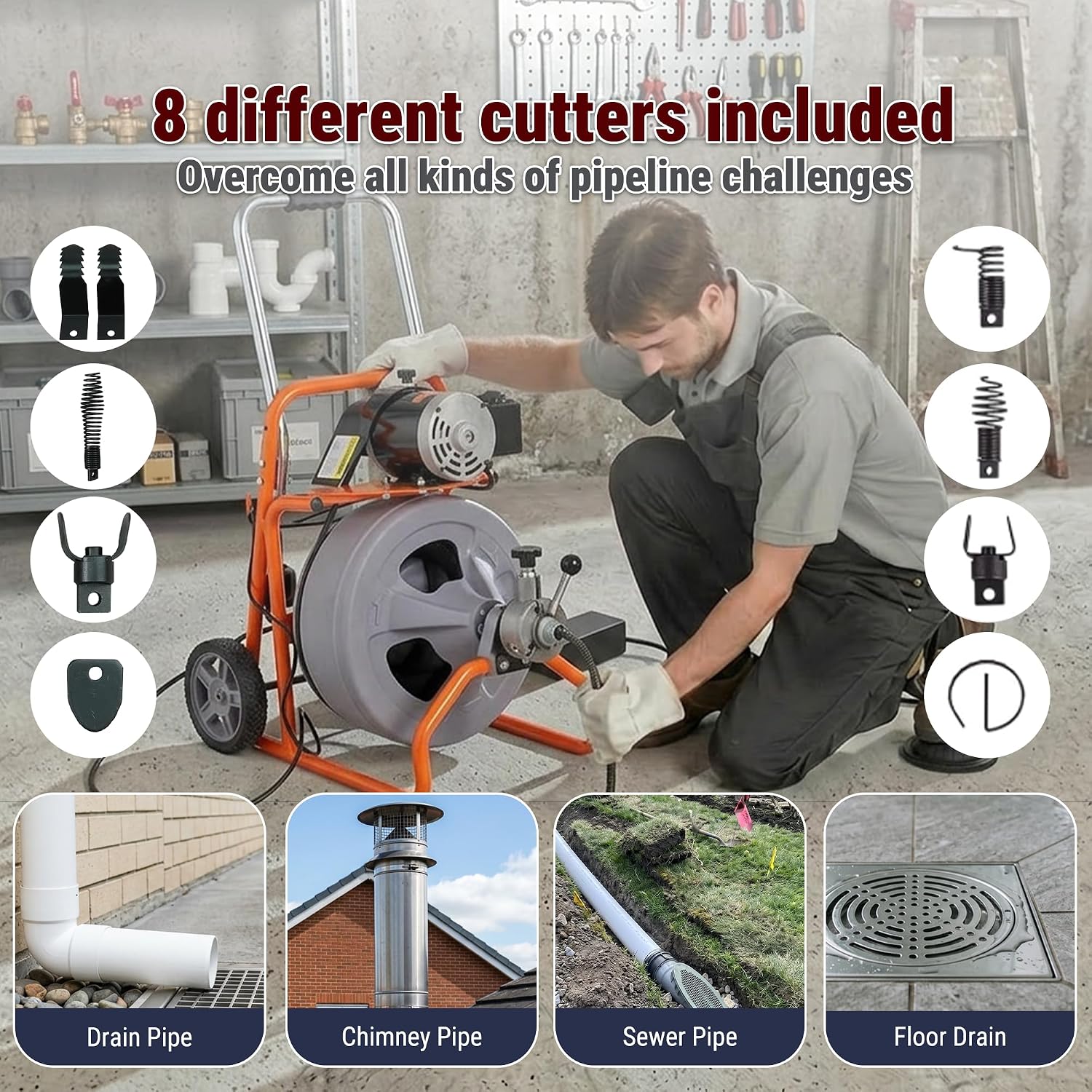 HoldwellS 50FT x 5/16 Inch Drain Cleaner Machine, Electric Drain Auger for 3/4"-3" Pipes, Sewer Snake Auger with 4 Cutters & Pneumatic Foot Switch
