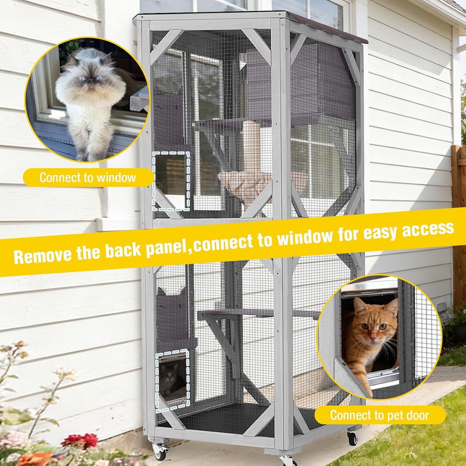 Aivituvin Cat House Outdoor Cat Catio Wooden Large Enclosure with Run on Wheels 70.9" Upgraded Version Catio with Reinforcement Strip