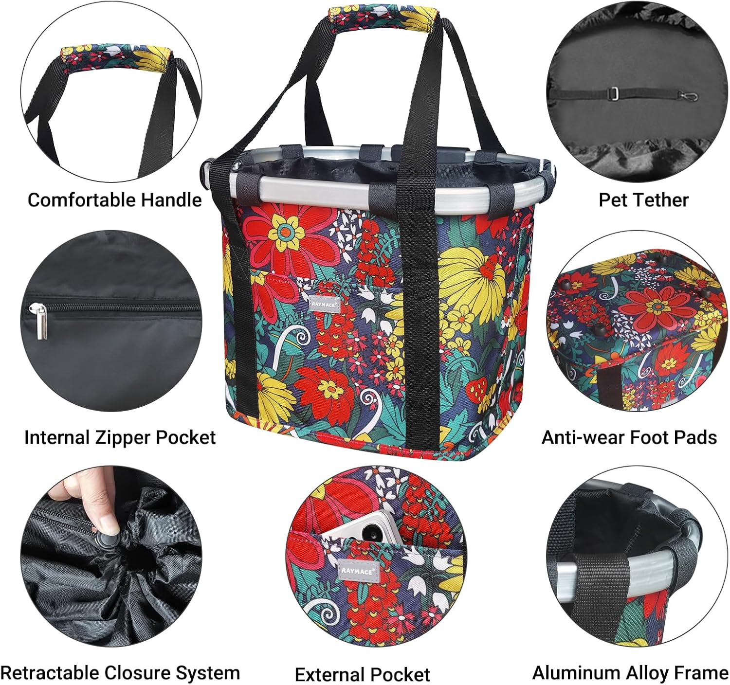 RAYMACE Bicycle Basket Dog Bike Handlebar Basket Front,Folding Detachable Quick Release Easy Install,Cycling Picnic Bag