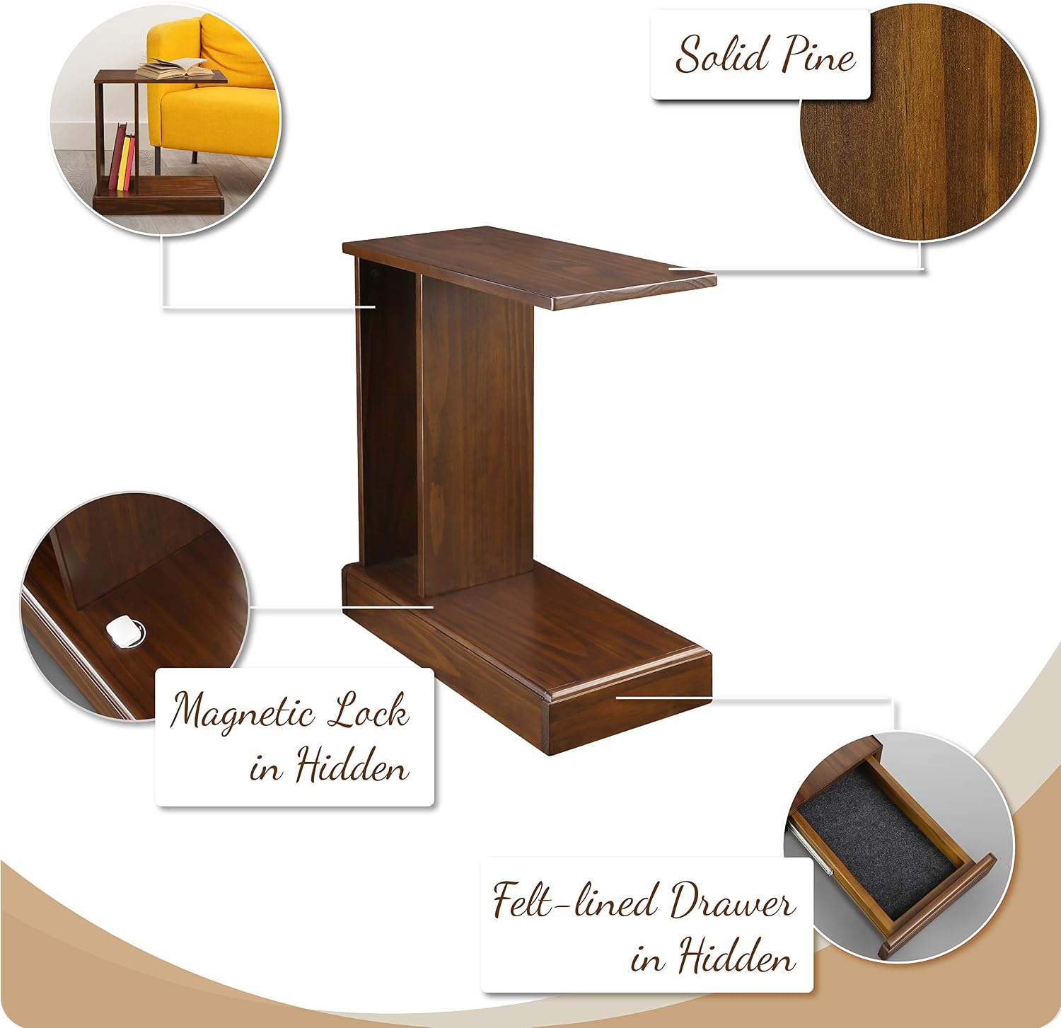 Casual Home Monroe C-Table Drawer, Concealment Furniture, Mocha, 22.75 in x 10 in x 24 in