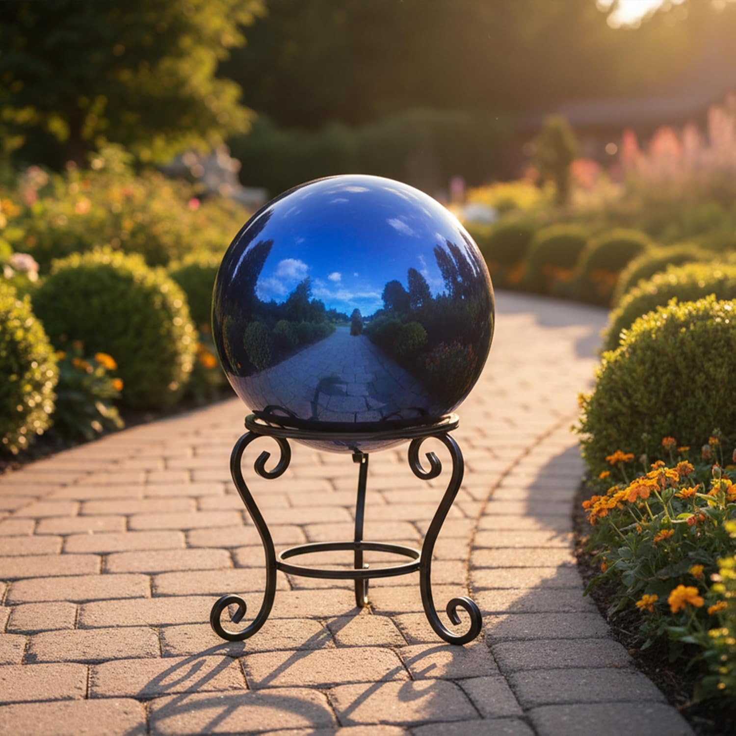 Sunnydaze 10-Inch Handblown Mirrored Glass Gazing Ball, Red | Reflective Outdoor Garden Globe Sphere, for Yard, Patio, Flower Bed, Walkway, and Landscape Decor, Stainless Steel Finish
