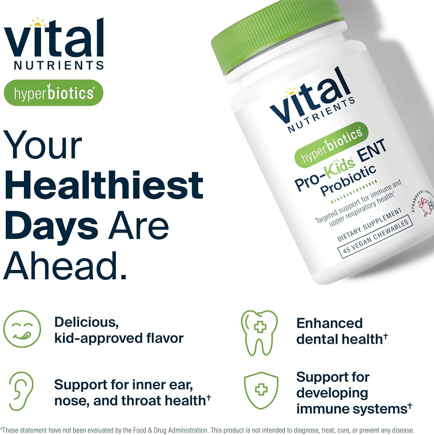 Hyperbiotics Vital Nutrients Pro Kids Probiotic ENT | Toddler Probiotics for Kids Ear, Nose and Throat | Targeted Immune and Digestive Health | Strawberry-Vanilla 45 Sugar-Free Chewable Tablets