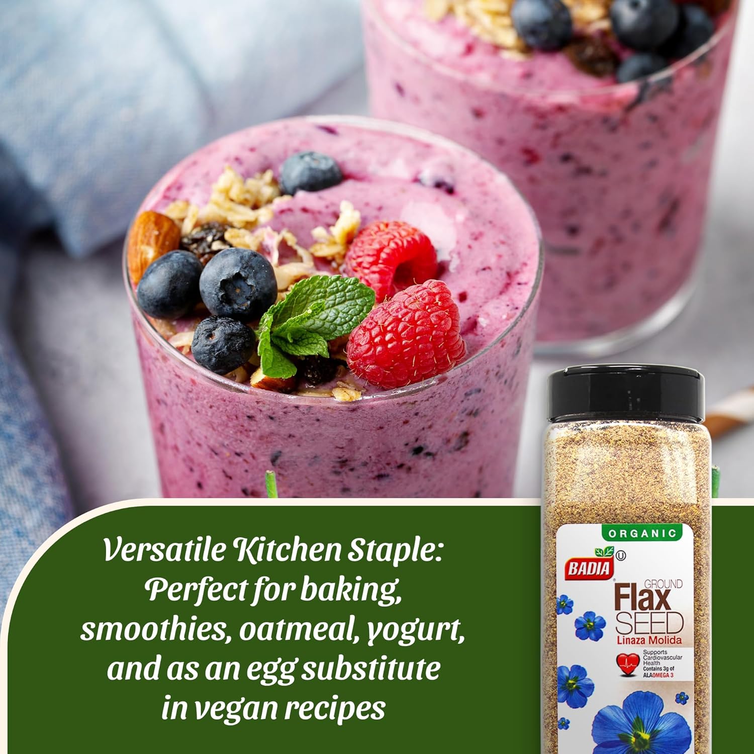 Badia Organic Ground Flax Seed, 16 oz – Fiber & Omega-3 Non-GMO Superfood | Organic ground flax seed with naturally occurring fiber and omega-3, ideal for smoothies, baking, oatmeal, yogurt, & recipes