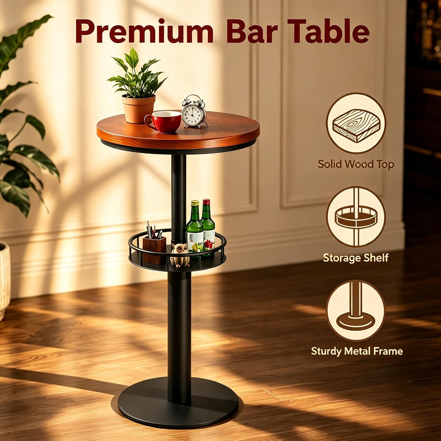 LOKKHAN 42" Tall Rustic Industrial Bar Table 19.68" Dia Round Wooden Top Metal Frame Height Fixed Standing Pub Dining Room Bistro Cocktail Table, Black & Brown