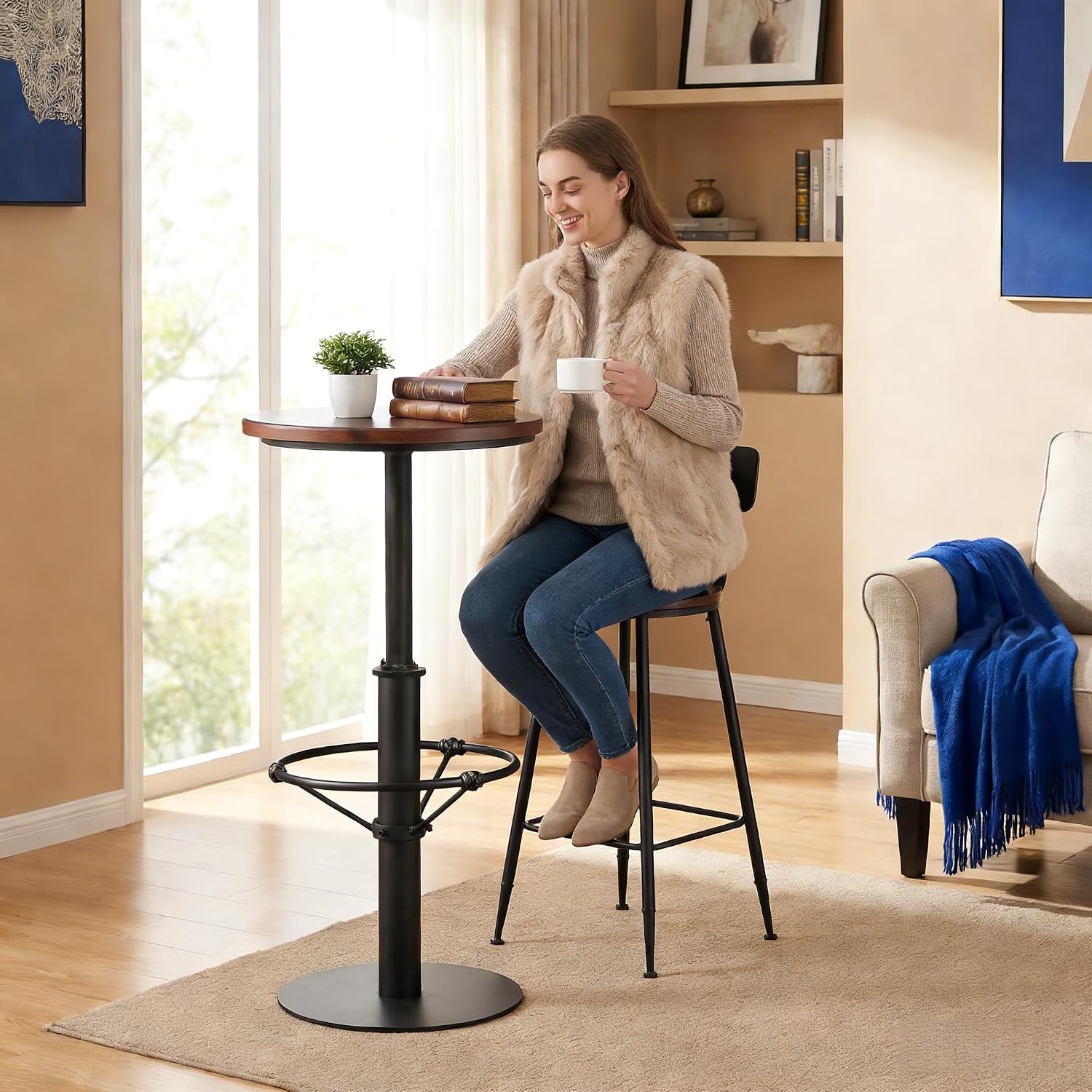 LOKKHAN 42" Tall Rustic Industrial Bar Table 19.68" Dia Round Wooden Top Metal Frame Height Fixed Standing Pub Dining Room Bistro Cocktail Table, Black & Brown