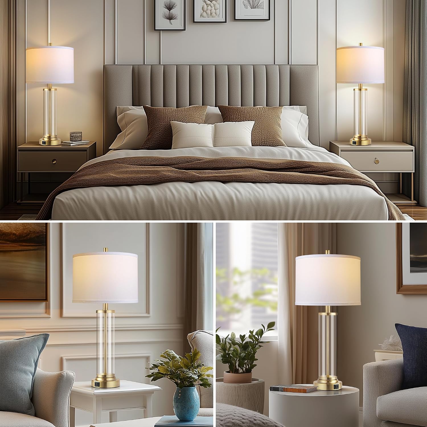 QiMH Lamps for Bedrooms Set of 2, Touch Control Table Lamps with USB A+C Ports, 3-Way Dimmable Bedside Lamp with Fabric Lampshade