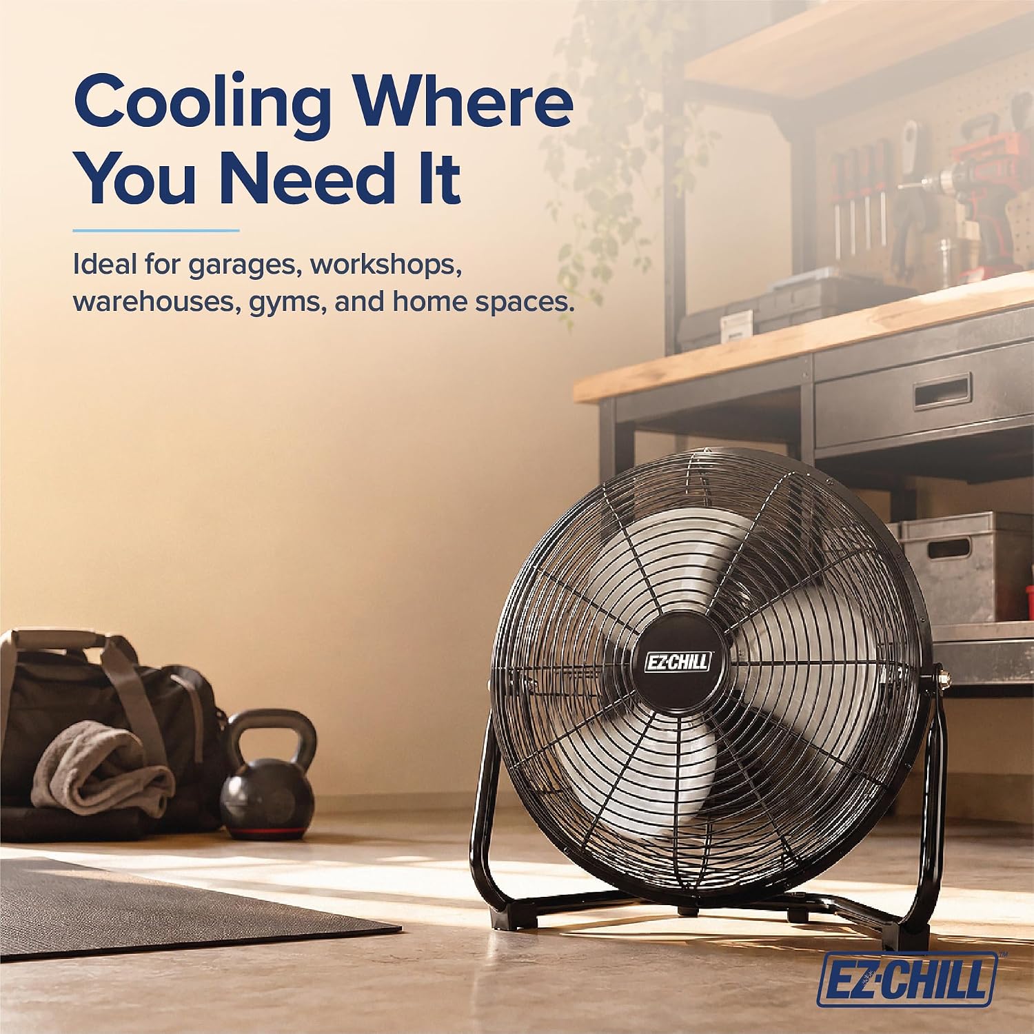 EZ-CHILL 12” Cradle Floor Fan, 3 Speed, High Velocity, 180 Degree Adjustable Tilt, All-Metal, Carry Handle, Rubber Feet, Airflow 15.42 ft/sec, Ideal for Home, Bedroom & Office, Black