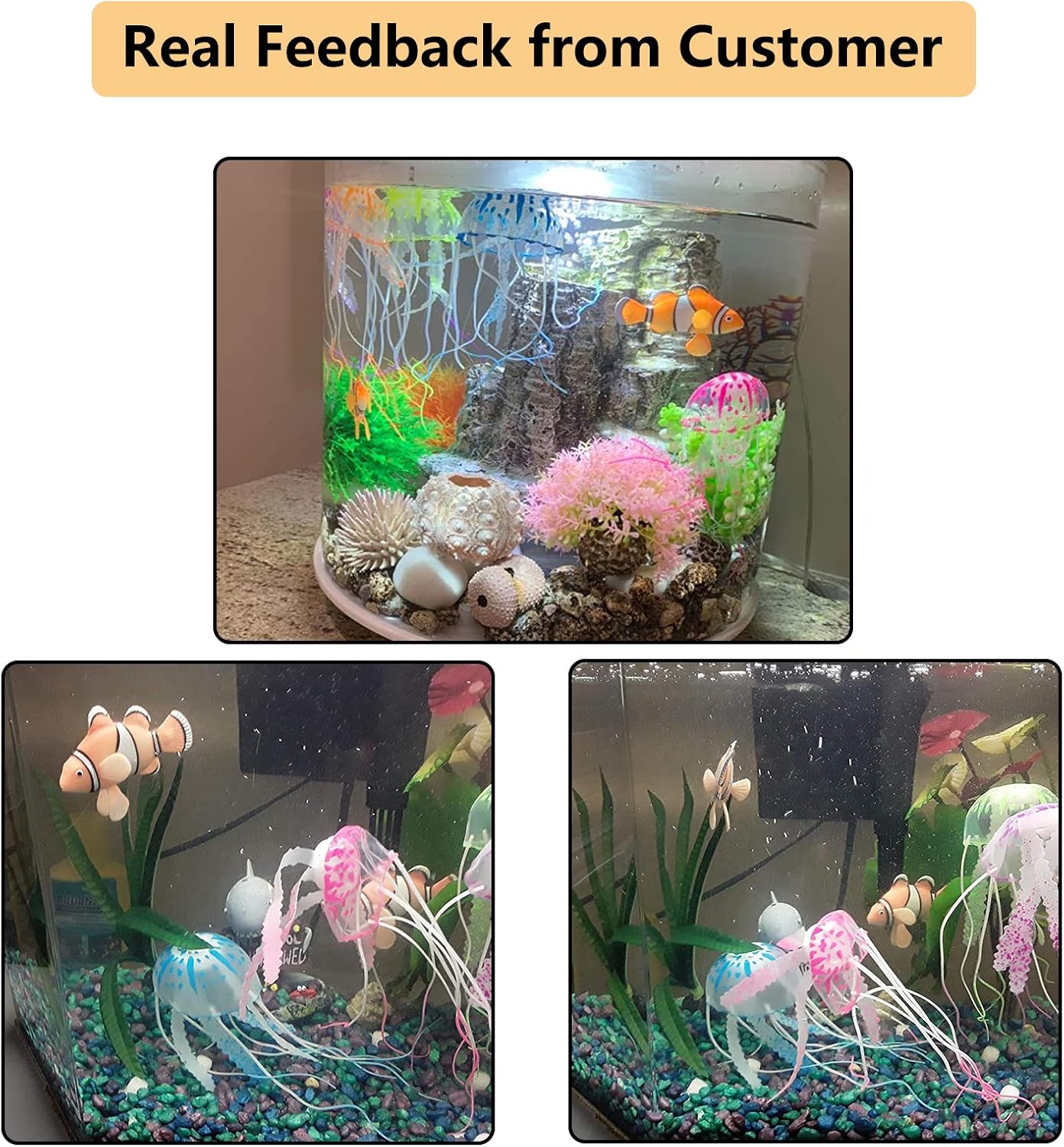 2 Pack Silicone Artificial Aquarium Floating Clownfish Decoration Fish Tank Decor Underwater Saltwater Fake Fish Glowing Ornament