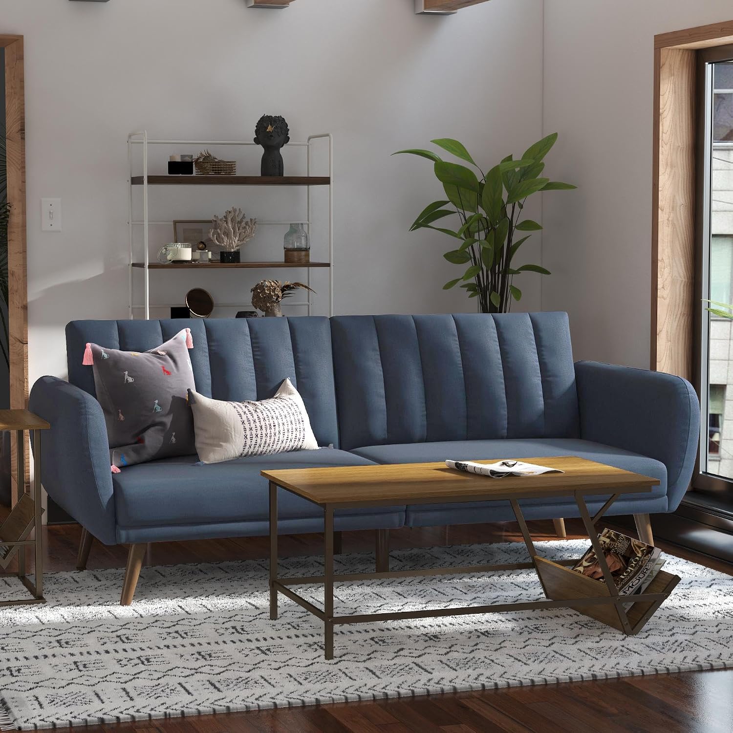 Novogratz Brittany Futon Sofa Bed and Couch Sleeper, Camel Faux Leather